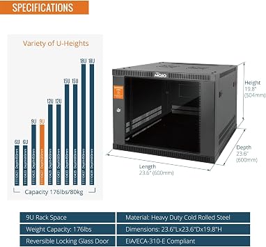 Tecmojo 9U Wall Mount Rack Cabinet, Heavy-Duty 176 Lbs High Load Capacity, 19 Enclosed Server Network Rack with 2 Colling Fans,Glass Door, 23.6 Deep Elite Collection