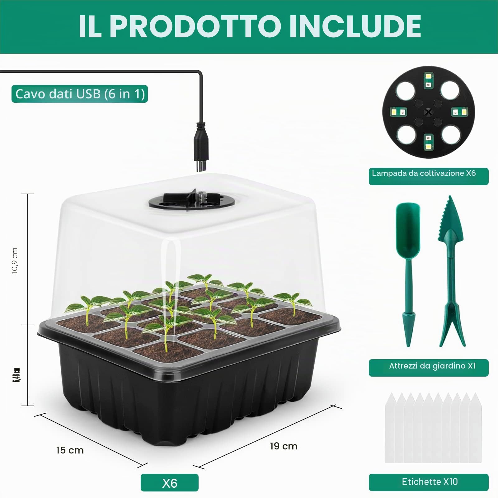 RIOGOO Confezione da 6 vassoi per semi con luce di coltivazione, kit di avviamento per semi temporizzati con luminositÃ e umiditÃ regolabili, kit di germinazione in serra (12x6,72 celle)