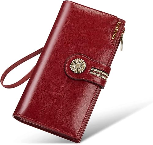 VANNANBA Cartera de mano de gran capacidad para mujer, bloqueo RFID, encerada, piel auténtica, con cremallera, tarjetero, Rojo -, Vintage