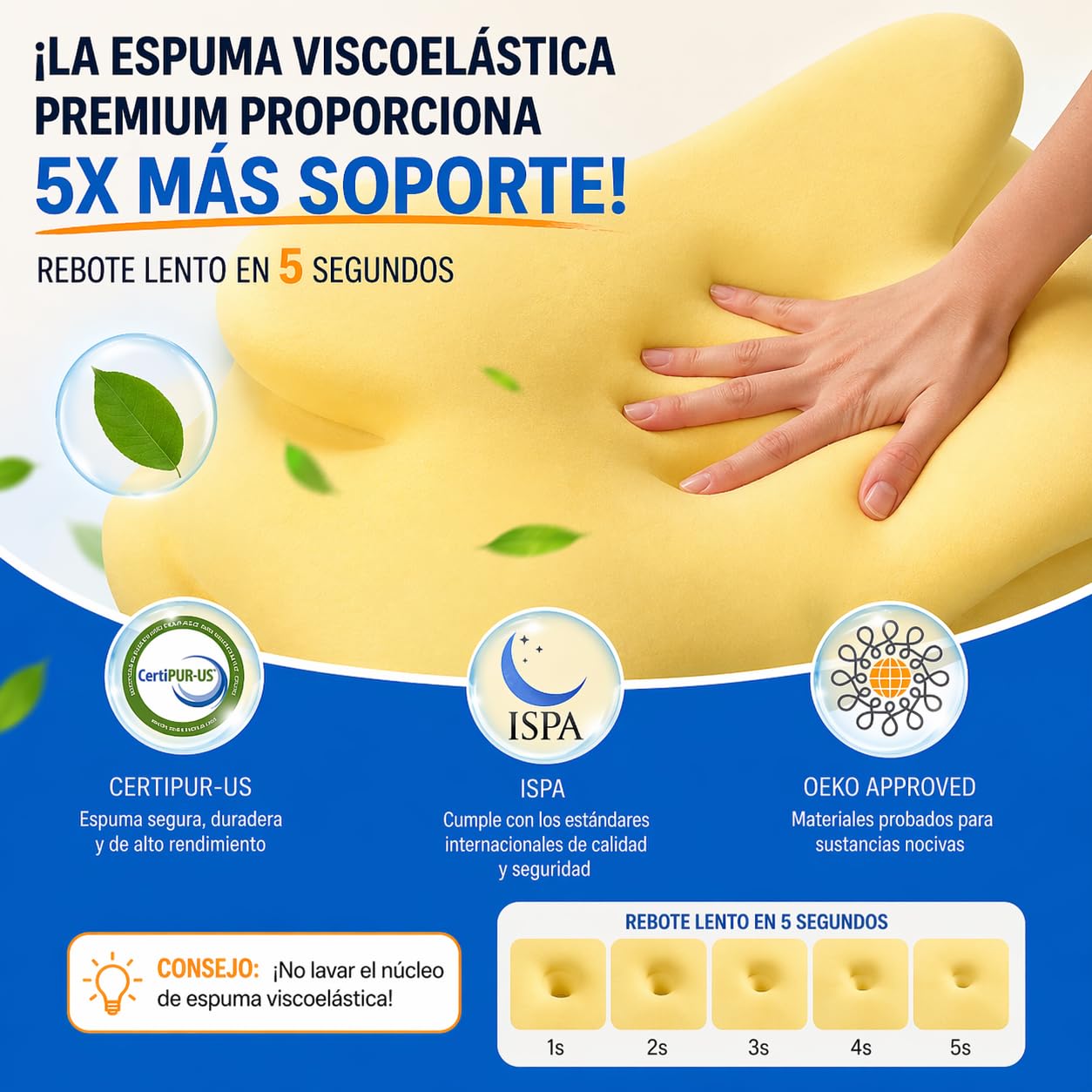 Almohada Cervical y Cuello Viscoelástica Doble Altura - Almohada Ergonómica para Dormir de Lado y Boca Arriba con Hueco para Brazos - Funda Refrescante + Recambio Lavable, Reversible