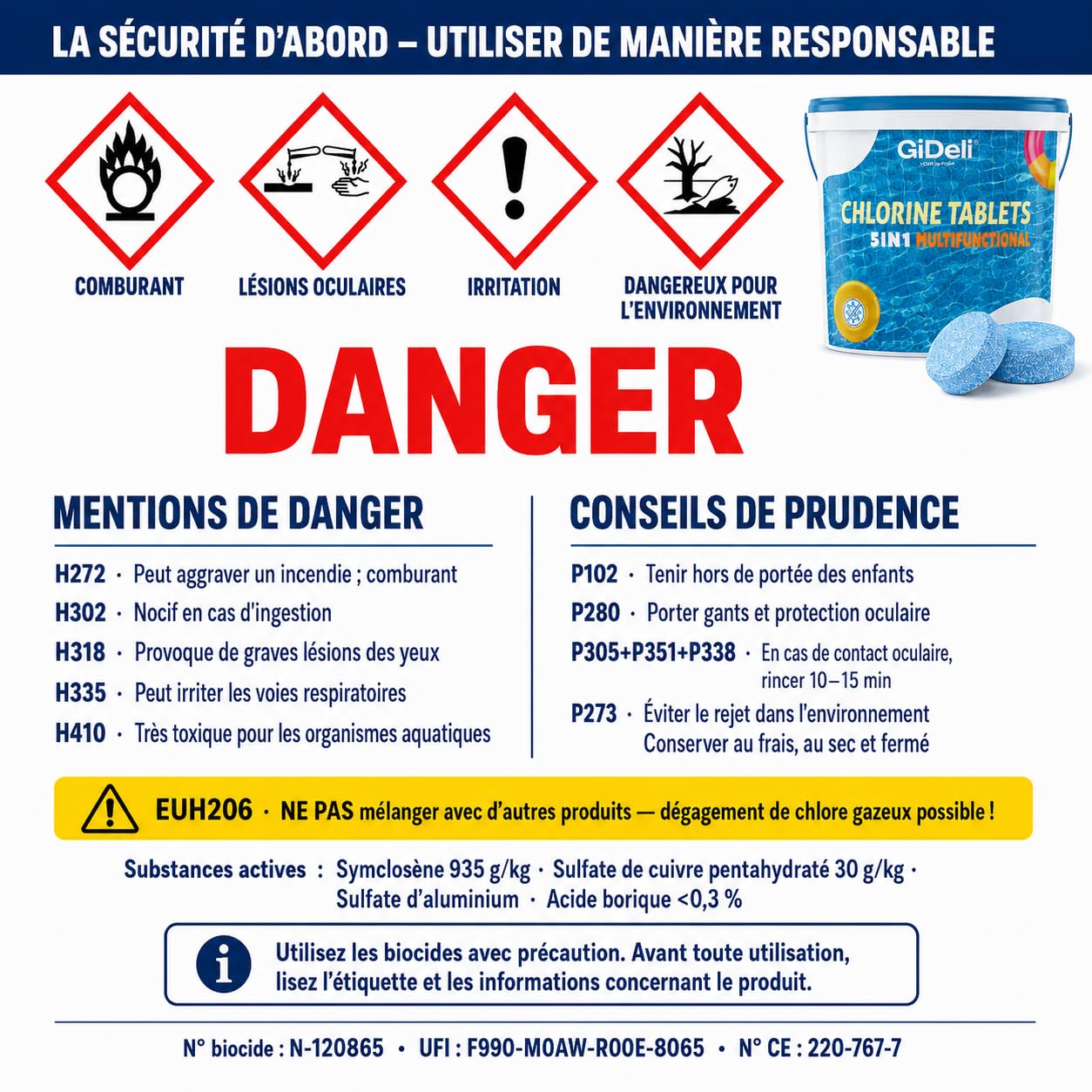 GiDeli Galets de Chlore Piscine Multifonction 5kg - Tablettes 200 g Longue Durée 4-en-1 - Anti-Algues, Stabilisé UV, Floculation - Hors-Sol, Tubulaire et Enterrée
