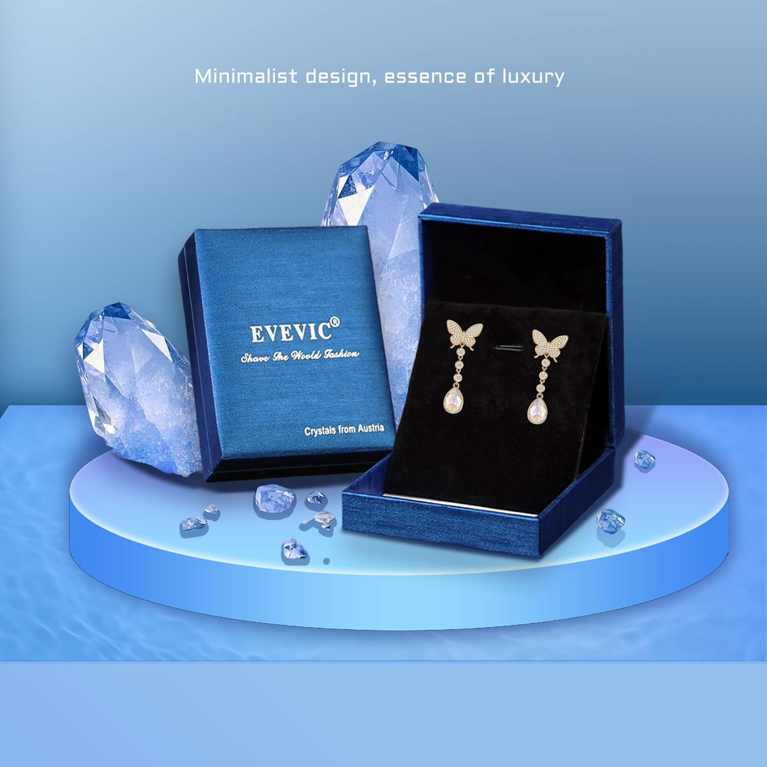 EVEVIC Austrian Crystal Teardrop Butterfly Dangle Stud Earrings for Women 14K Gold Plated Drop Earring Hypoallergenic Jewelry Gifts - Image 7