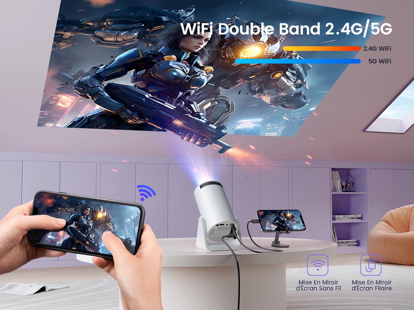 Proiettore Portatile 1080P HD, Mini Proiettore WiFi 6 Bluetooth 5.4 Videoproiettore Focus Elettronico Auto Keystone App Integrata, iOS/Android TV/Chiavetta TV/USB/Laptop