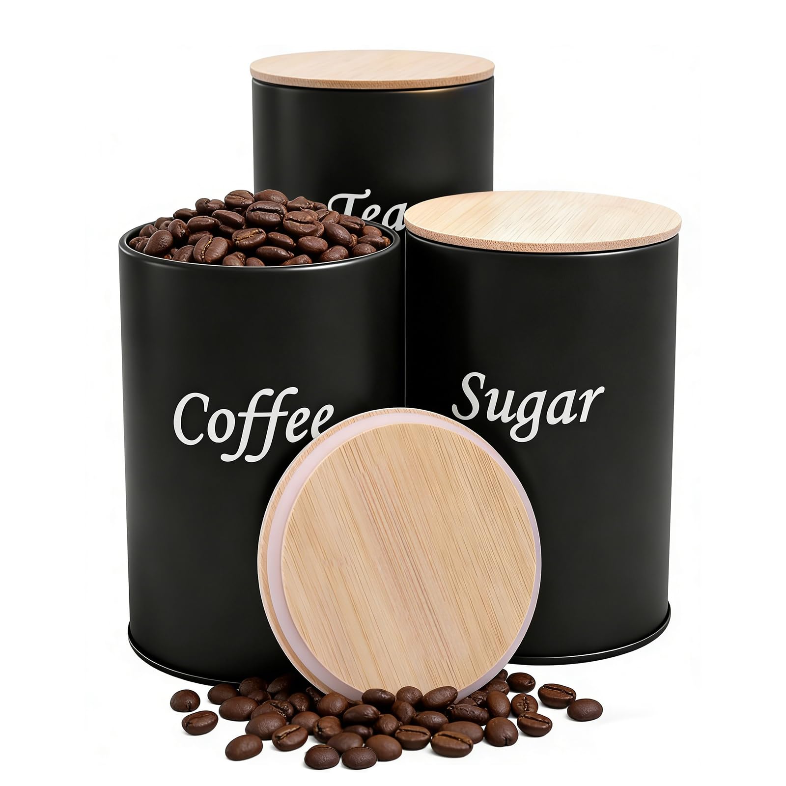 3 Stück Kaffeedose Luftdicht 500 ml Kaffeebohnen Behälter mit Holzdeckel, Kaffeedose Schwarz Matt Kaffee Aufbewahrungsdose, Kaffeedosen Tupperware Kaffeebehälter für Gemahlenen Aufbewahrung