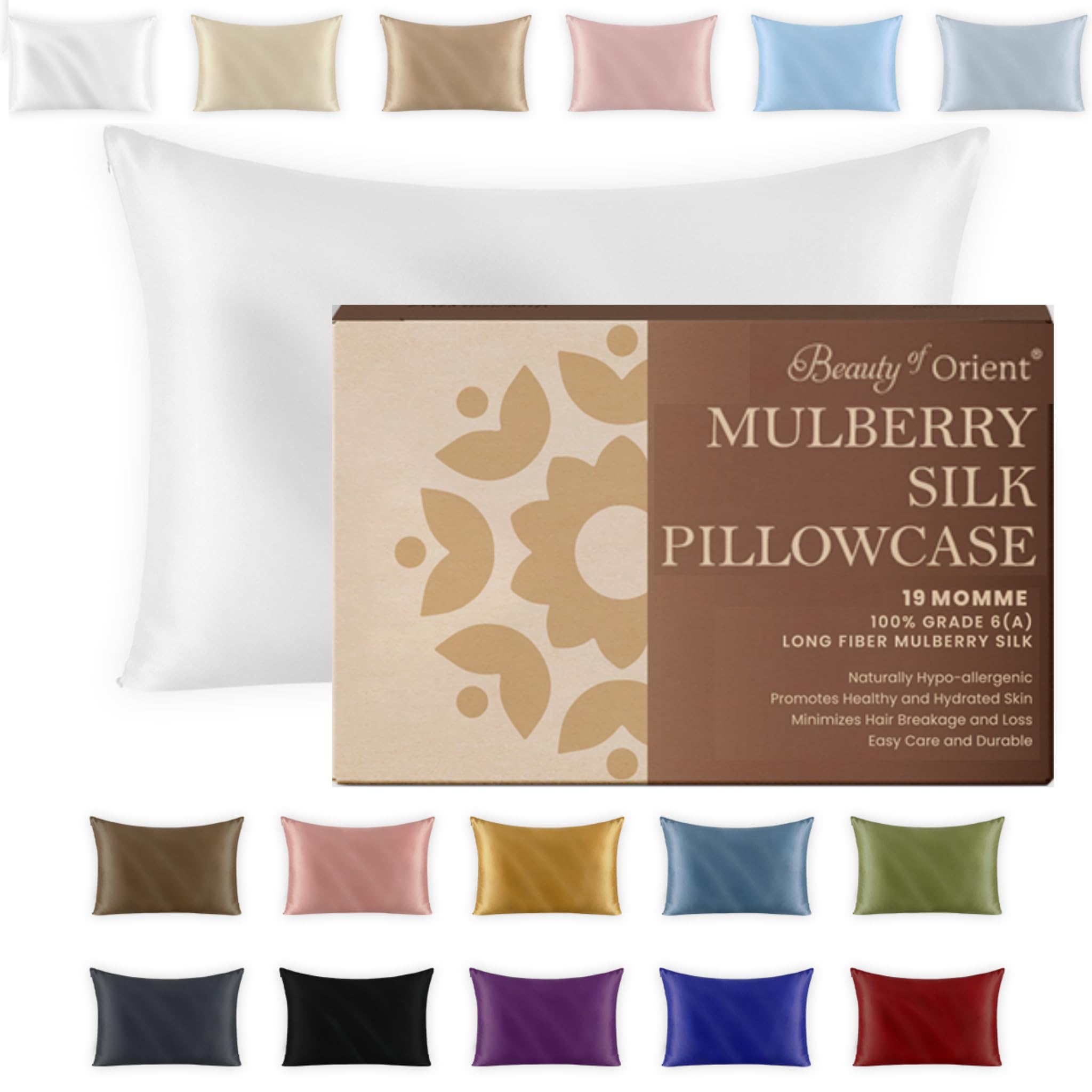 Premium Mulberry Silk Pillowcase for Sleeping Women and Men | Handcrafted Hypoallergenic & Anti-Acne White Silk Pillow Cases with Zipper | Standard - 20" x 26", Natural Undyed White