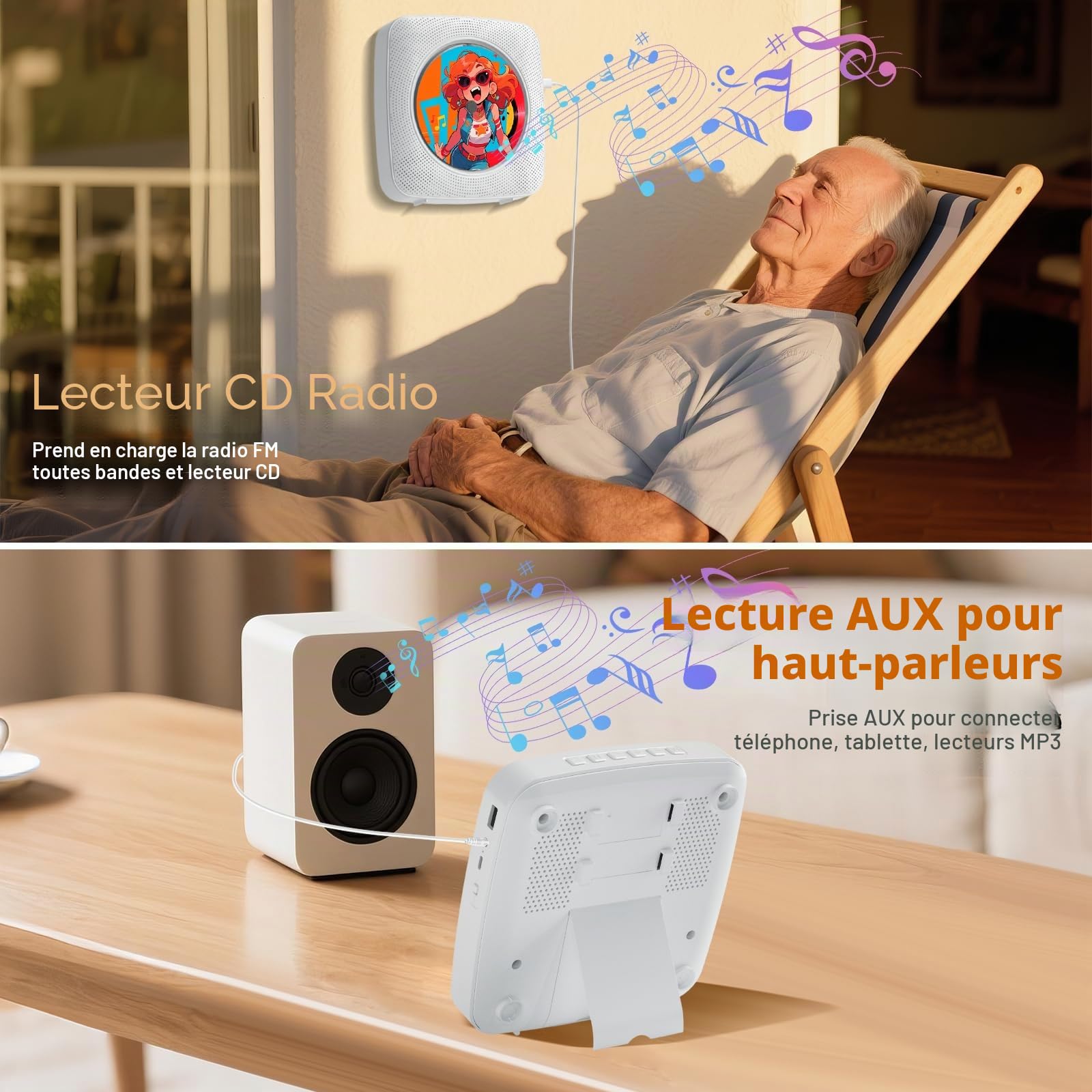 Gueray Lecteur CD Portable Enfant : Lecteurs CD Bluetooth pour la Maison avec Haut-parleurs Batterie 1800 mAh Télécommande Couvercle Anti-poussière Amovible Lecteur CD Mural avec Radio USB AUX Blanc