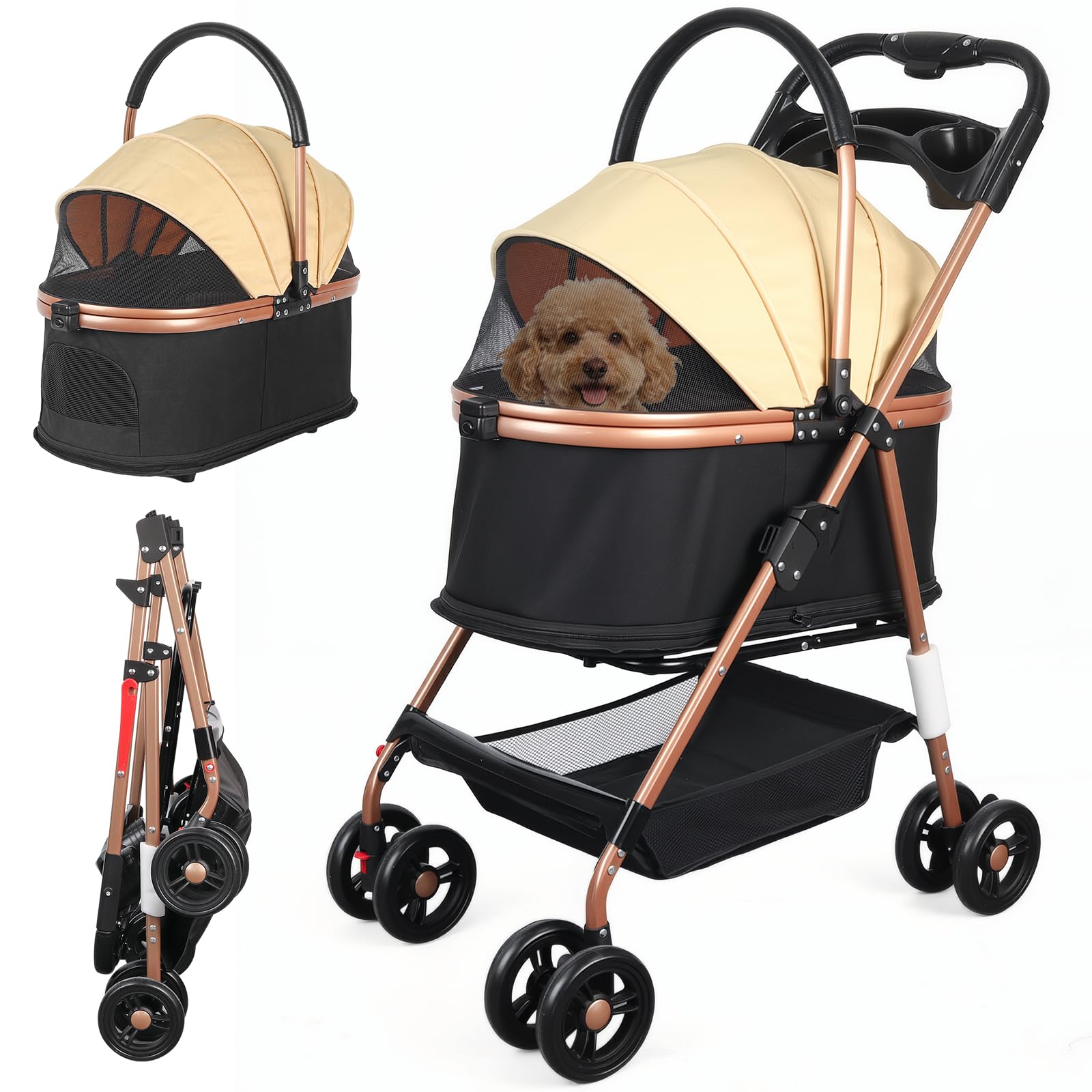 Hundewagen 3-in-1, Hundebuggy bis 20kg, 360°Drehrädern mit Sicherheitsgurte Feststellbremse Ablagekorb Getränkehalter für kleine Hunde Katz