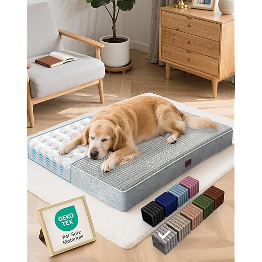 OhGeni 41 Inches Orthopedic Waterproof & Machine Washable Dog Bed for Large Pets, Suitable for Crates, 25D Egg Crate Foam, Non-Slip Bottom & Removable Cover(Gray)