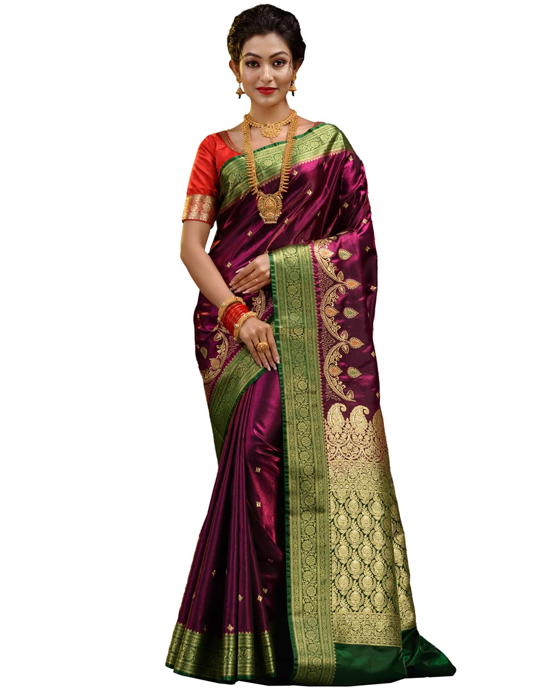 HOUSE OF BEGUMBanarasi Handloom Satin Silk Saree With Embroidery Work with Blouse Piece-STMB-Saree