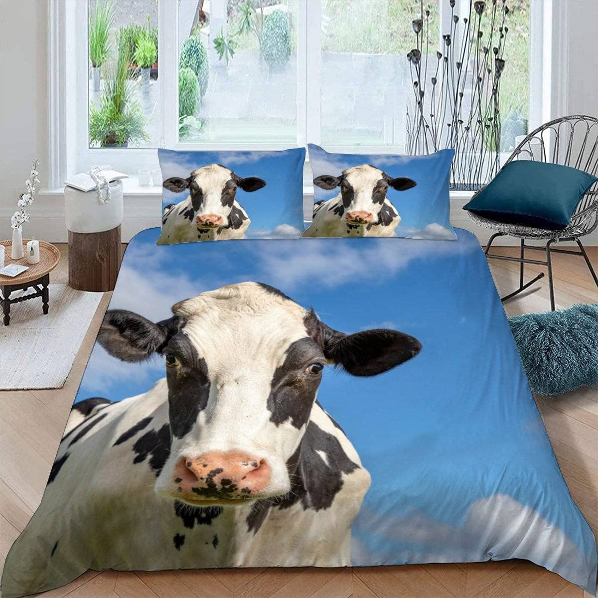 RFFLUX 3D Cow Single Duvet Cover Set 3 Pieces 135x200 Soft Microfiber Farm Animals Cattle Quilt Cover with Zipper Closure Easy Care Bedding Set with 2 Pillowcase for Kids Boys Girls Teens — image 1
