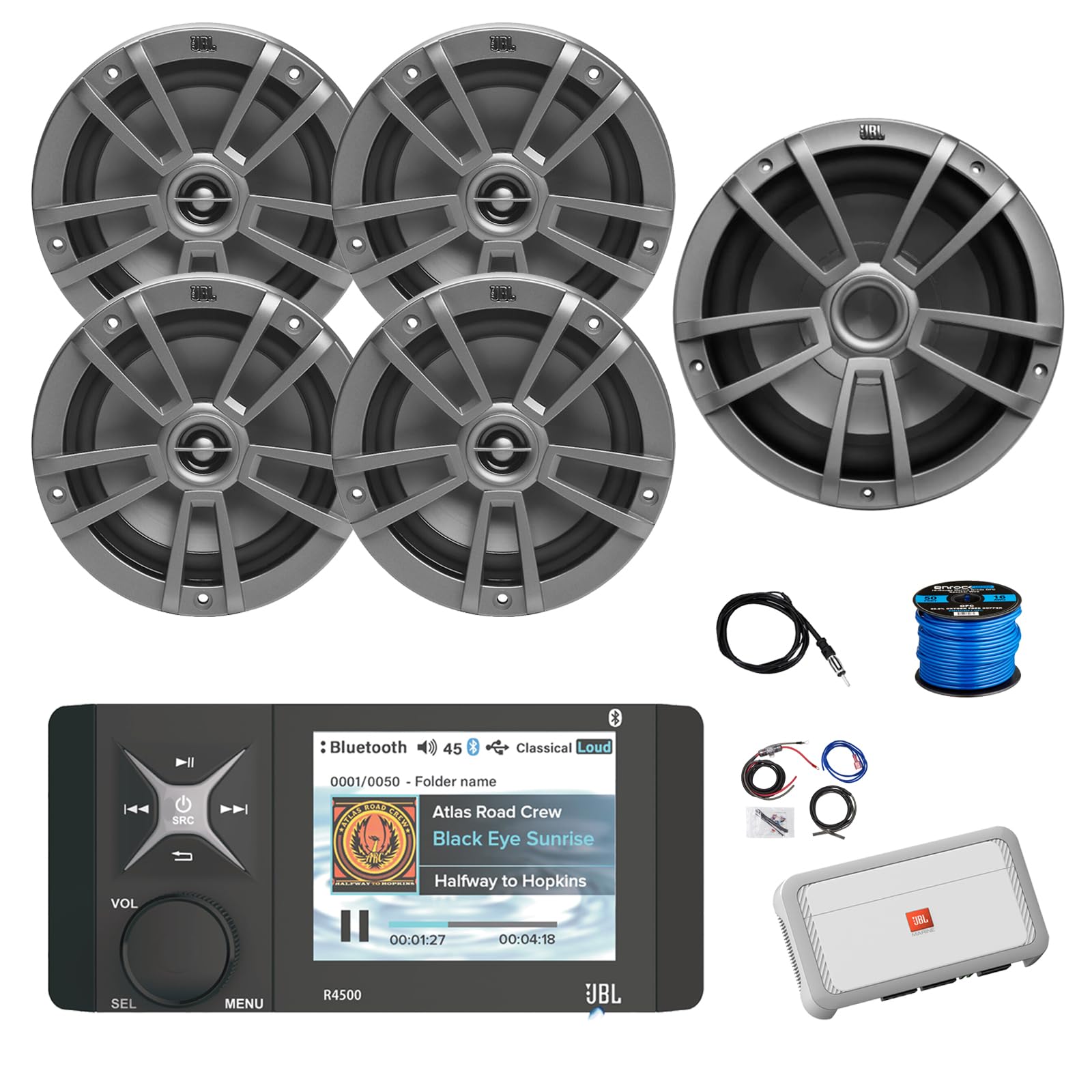 Marine Bluetooth AM/FM/WeatherBand Radio Receiver, 4X 6.5 180 Watt 2-Way Multi-Element Audio Speakers (Gray), Wire, Antenna, 10