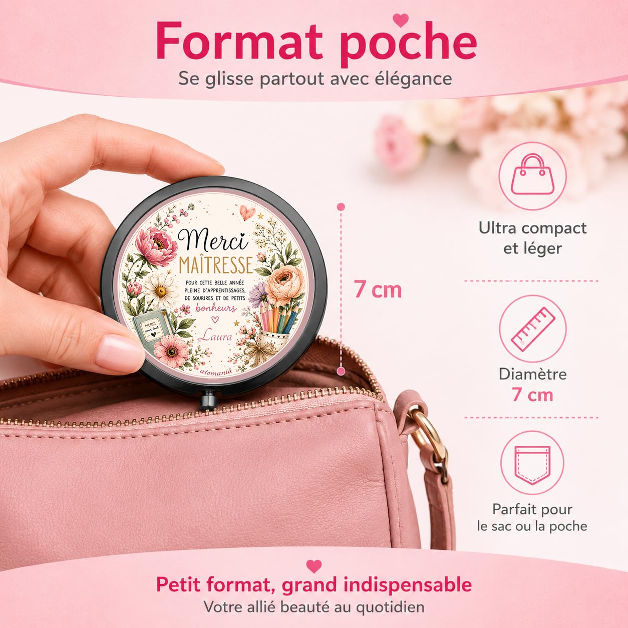 Miroir de Poche Merci Maîtresse Personnalisé – Cadeau Maîtresse Fleuri Fin d'Année Scolaire – Cadeau Institutrice avec Prénom – Miroir Compact Femme