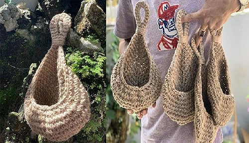 Miniatura 4 de Cesta colgante de yute para pared, pequeñas para plantas suculentas, decoración de pared, soporte colgante de lágrima para macetas de hierbas de 3