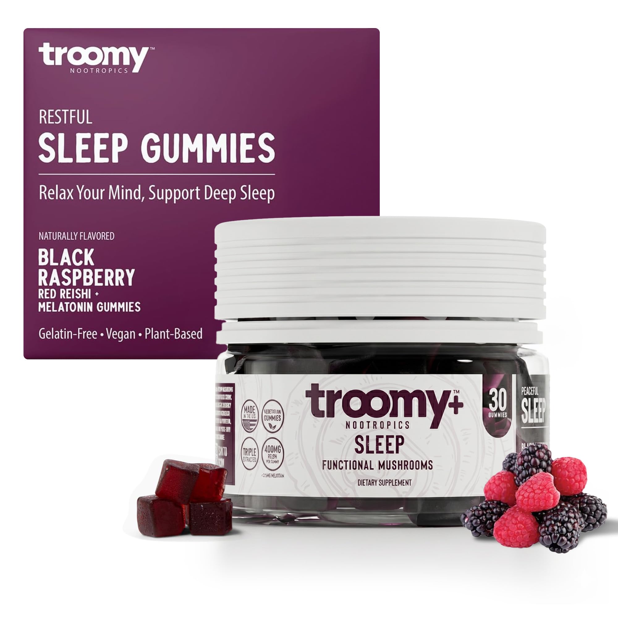 Troomy Nootropics Suplemento para o Sono com Reishi 400 mg e Melatonina 2,5 mg, 30 gomas