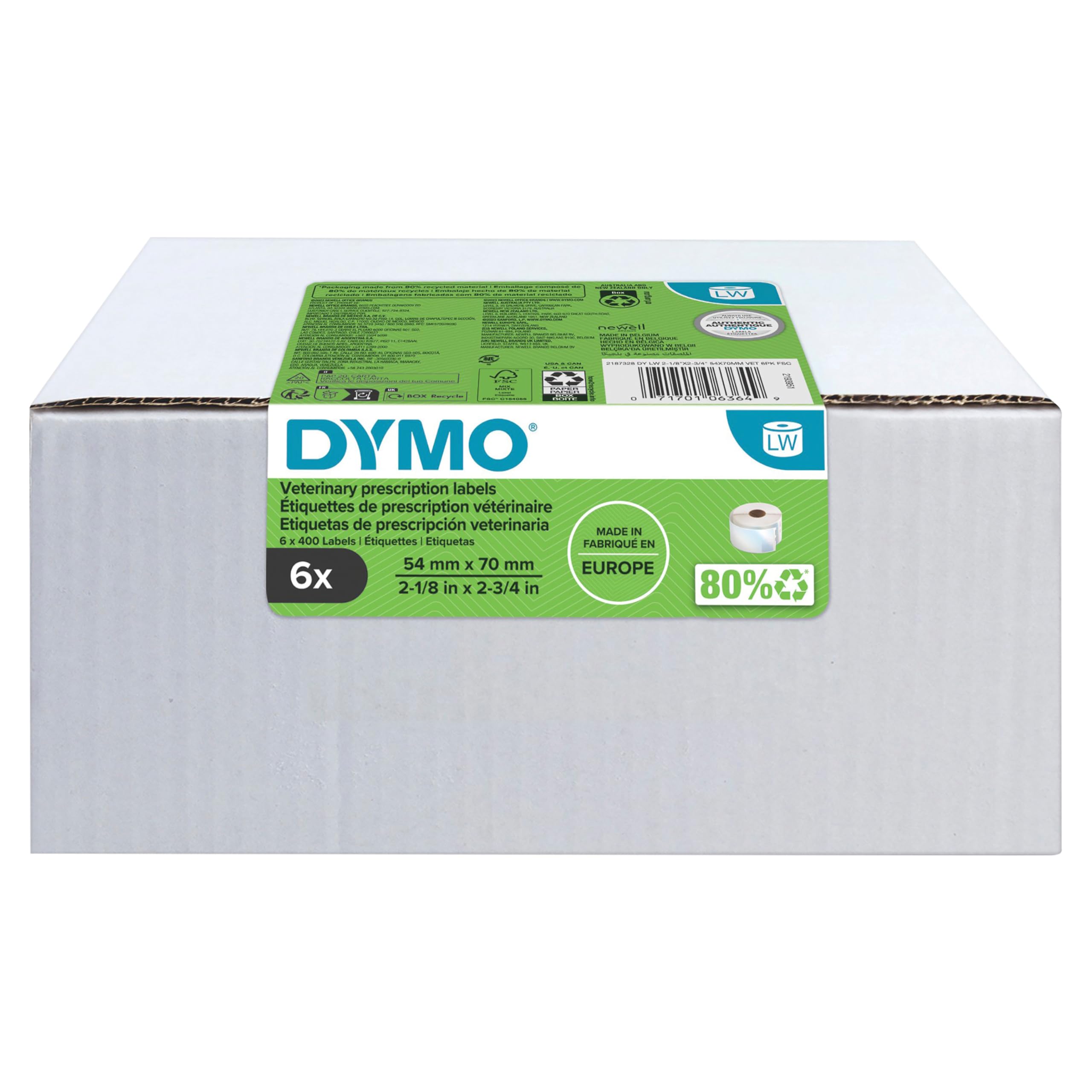DYMO Étiquettes d’ordonnance vétérinaire LabelWriter | 54 mm x 70 mm | 2400 étiquettes