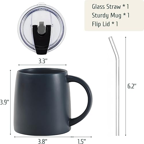 Miniatura 7 de Taza clásica de café grande de 16 onzas con tapa abatible y asa, taza de té de porcelana de cerámica, mate liso (1 unidad, negro)