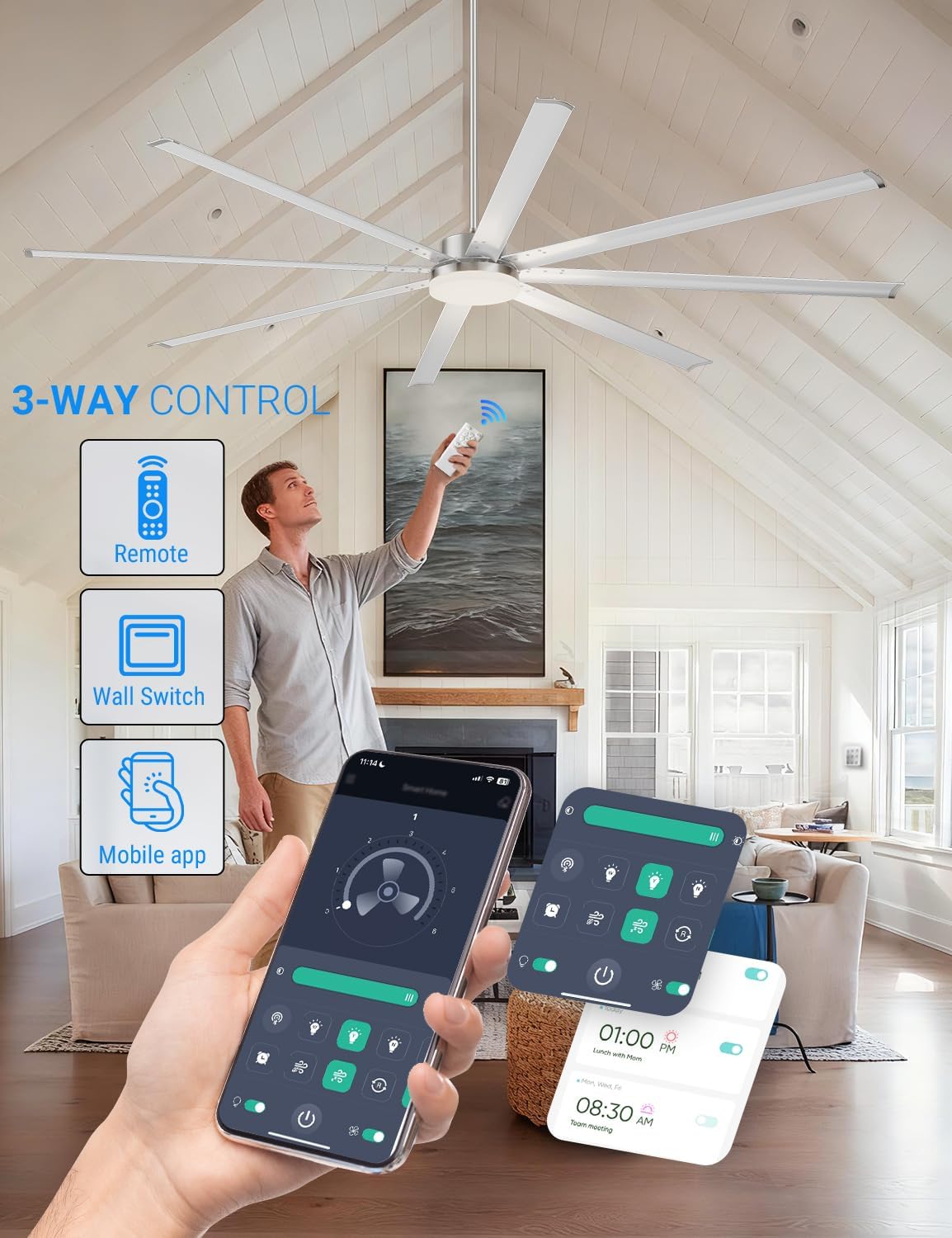 Carrefour HVLS 100 Inch Smart Ceiling Fan with Lights and Remote,Industrial Modern Smart Ceiling Fan No Light Option, 6 Speed Reversible DC Motor, APP and Wall Control, 3 CCT, Aluminum Blades