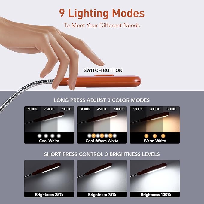 VAVOFO VAVOFO Rechargeable Book Light for Reading in Bed Kids, 7 LED Reading Light with 9-Level Warm Cool White Daylight, Eye Care Lamp with Power Indicator for Bookworms (Mocha Brown) photo 3