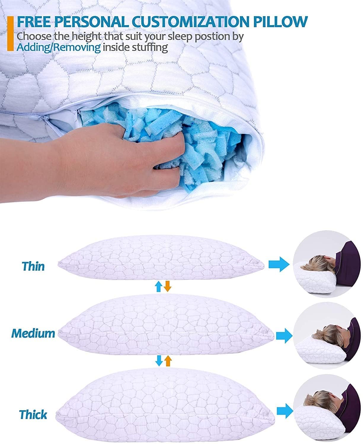 Almohadas de espuma viscoelástica trituradas para dormir y refrescar la almohada de bambú con almohadas hipoalergénicas ajustables para dormir de lado y de espalda, lavable