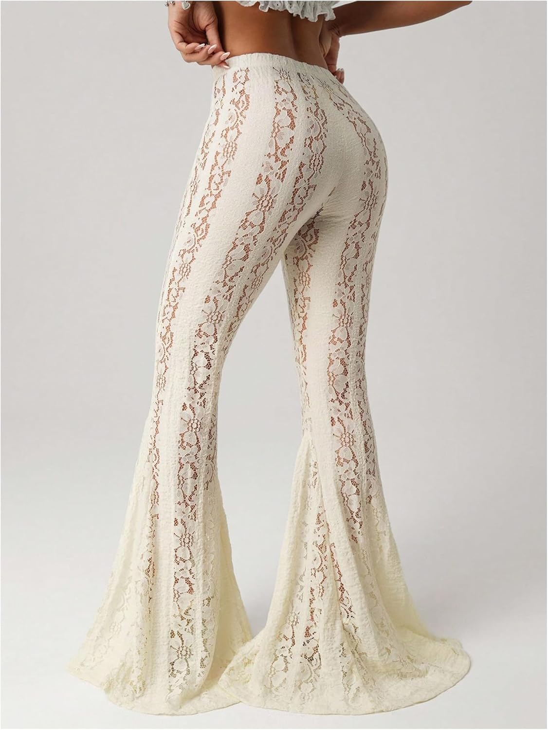 Milumia Women's Floral Lace Sheer Flare Pants Elastic Low Waist Skinny Flowy Party Bell Bottoms Trousers - Image 3