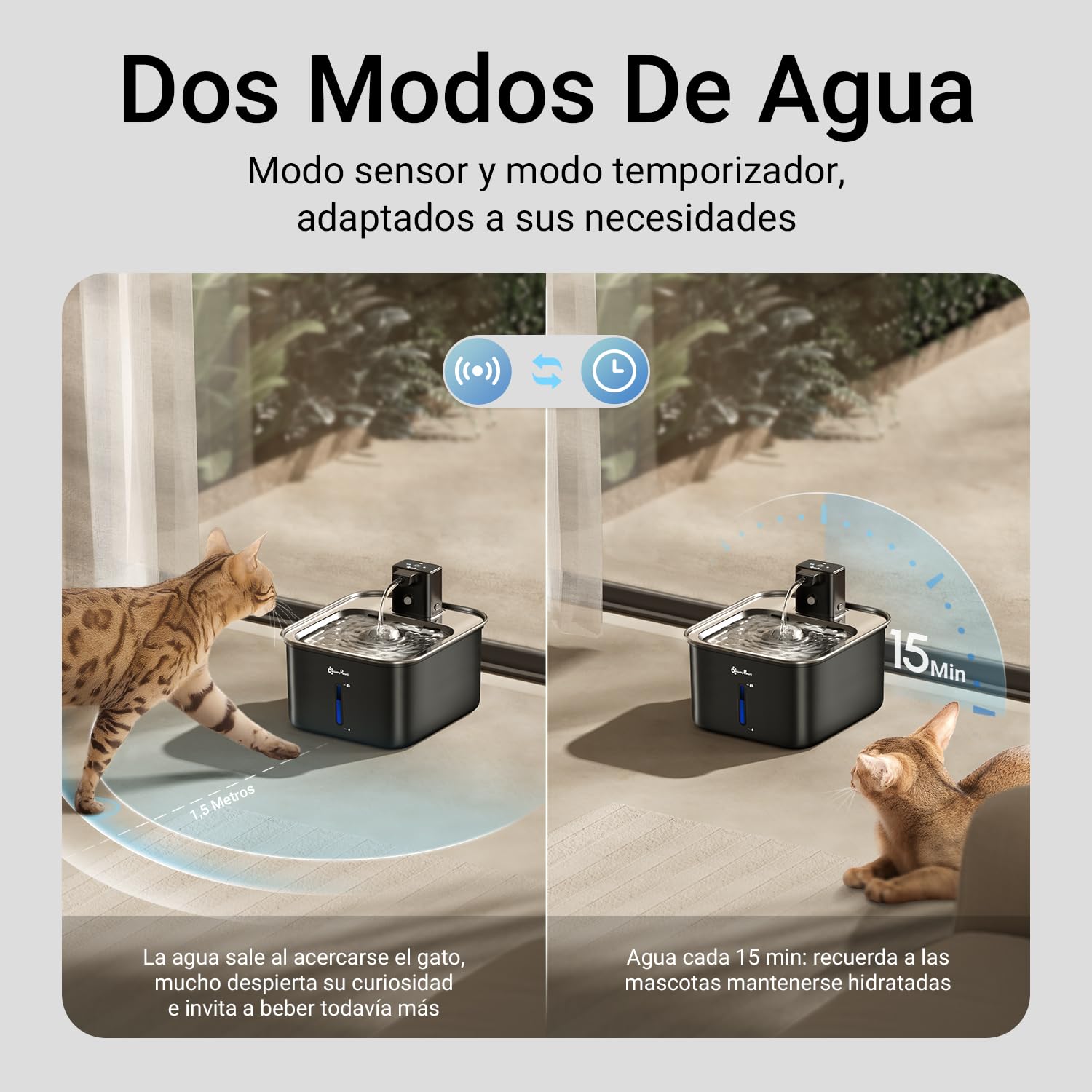 DownyPaws Fuente para Gatos sin Cable Inoxidable 3L, Bomba Silenciosa Negro | Bebedero Gatos con Sensor de Movimiento, Fuente Agua Gatos Inalámbrica, Batería de 4000 mAh, Apta para Lavavajillas