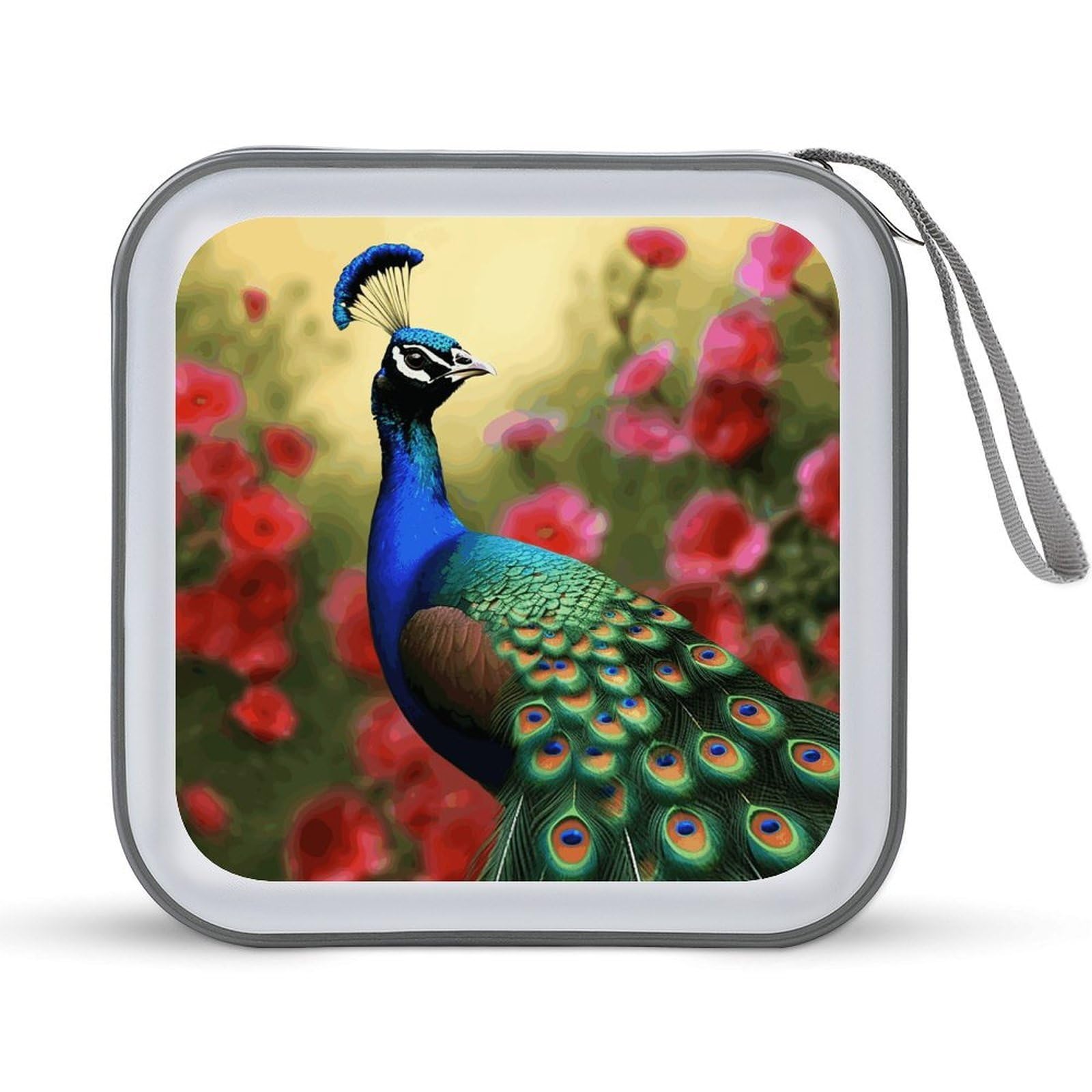 VstaDank Peacock Flowers 40 Capacity DVD Case with Zipper Disc, Portable CD Storage Organizer Hard Plastic Storage DVD Organizer for Home