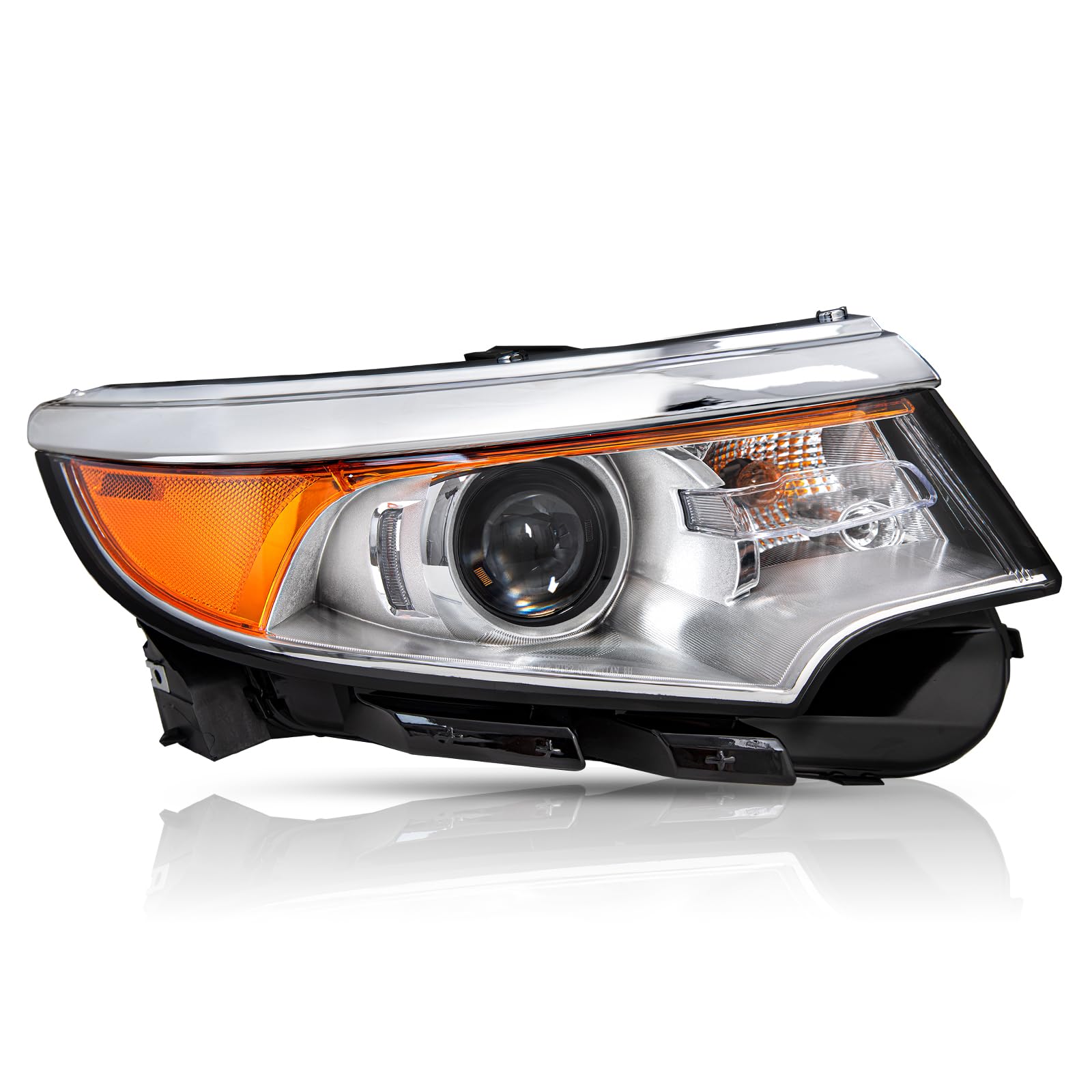 Headlight Assembly [Halogen Type] without Bulbs Fit for 2011 2012 2013 2014 Ford Edge Passenger Side (Chrome Housing with Amber Reflector)