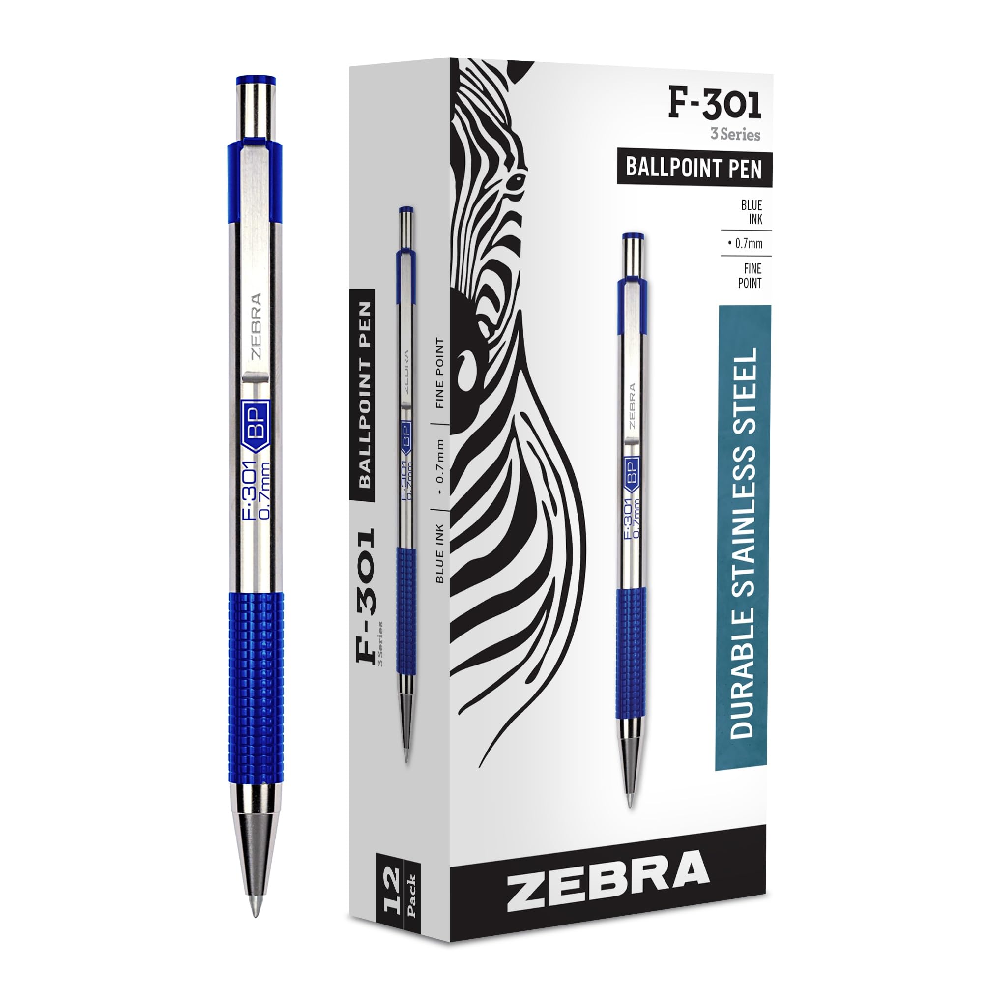 Zebra Pen F-301 Ballpoint Blue Ink Fine Point 0.7mm Pen, Easy-Glide Ink, Stainless Steel Retractable, Non-Slip Grip, Professional Design, Ideal for Office, Journal and Planner Use, 12-Pack (27120)