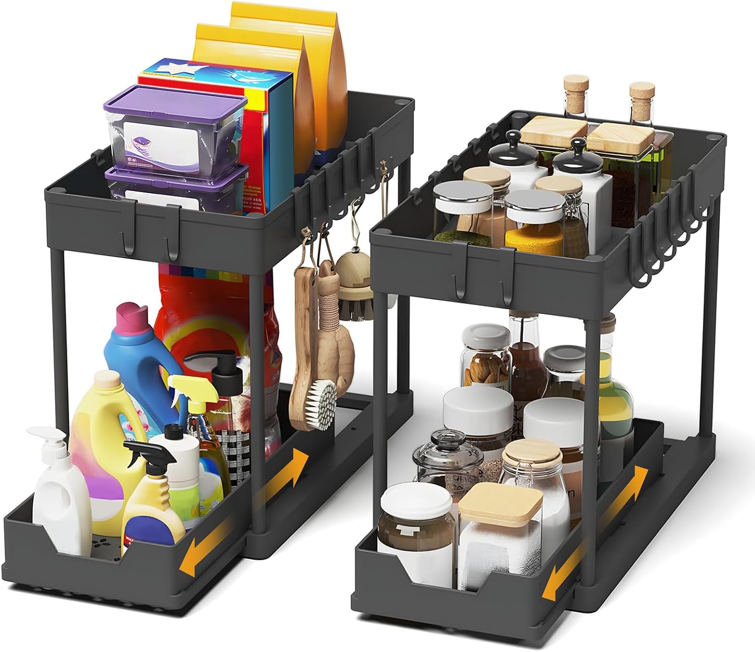 Meltrck 2 Pezzi Organizer Sottolavello Cucina 2 Livelli, Scaffale Estraibile per Lavello, Portaoggetti Sottolavello con 8 Ganci
