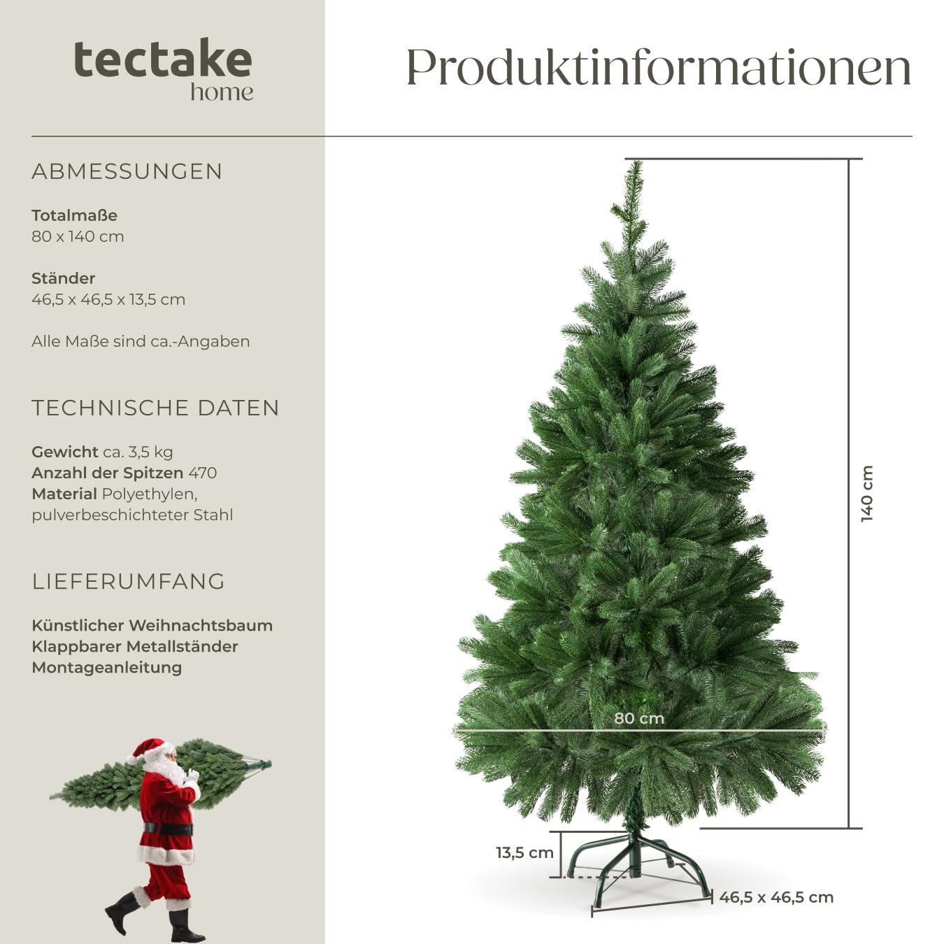 tectake Christbaum realistischer und naturgetreuer Weihnachtsbaum künstlich, Tannenbaum, Deko, Christmas Tree - Kunstbaum mit Ständer - 140 cm, 470 Spitzen und Spritzguss-Nadeln grün