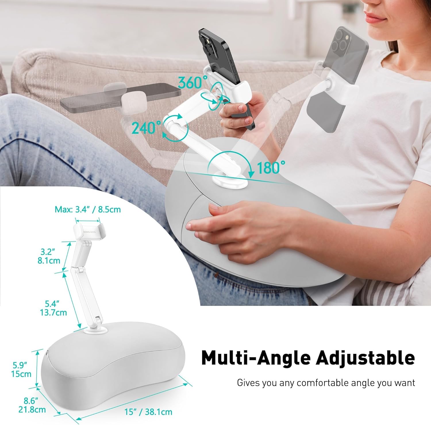 Pillow Phone Holder for Bed with Flexible Arm, 360° Rotating Phone Pillow Stand for Laying Down, Patented Crescent Cushion Compatible with iPhone & 4.7"-7.0" Phones, Hands-Free Stand for Sofa, Lap