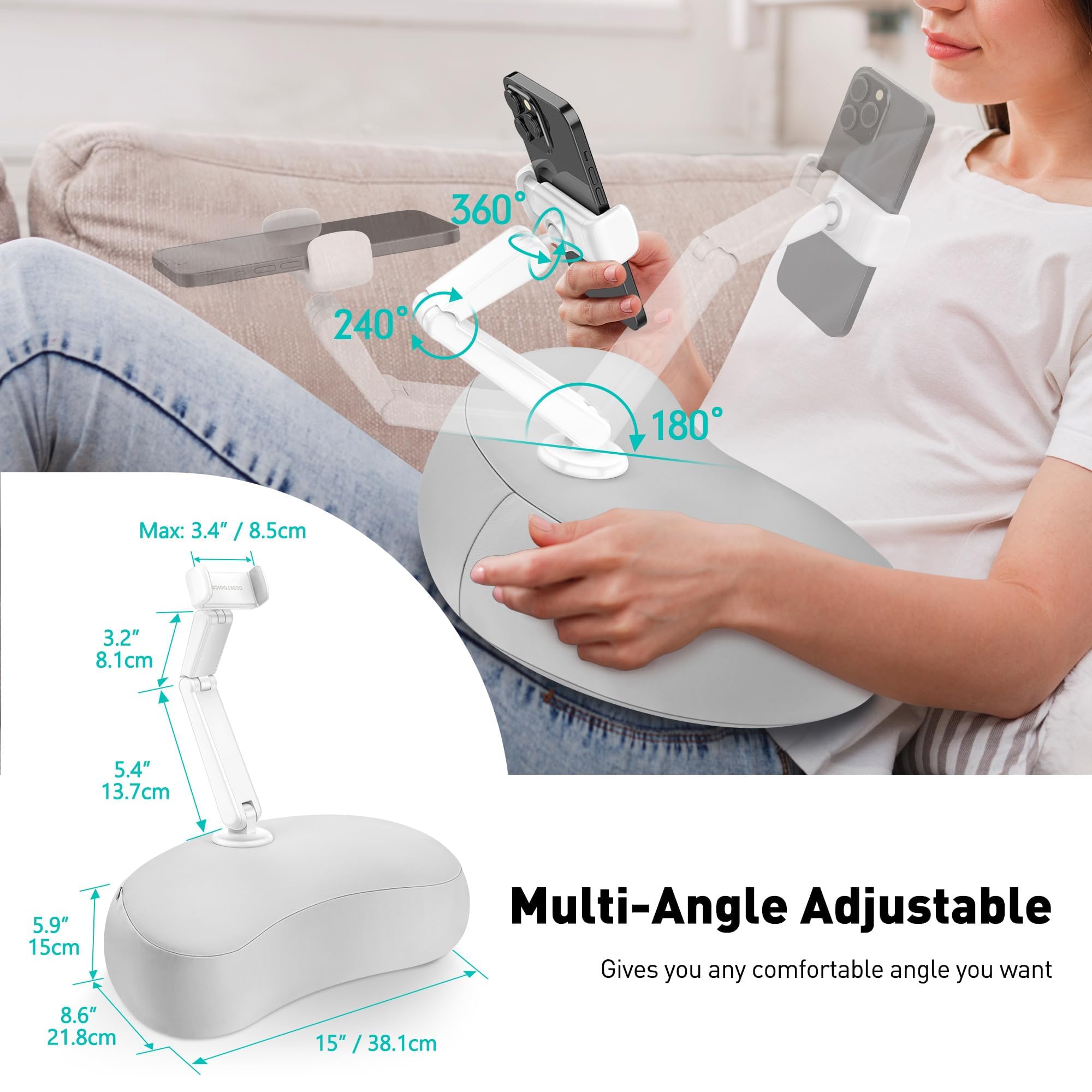 Supporto per telefono da letto con braccio flessibile, girevole a 360°, supporto per telefono per sdraiarsi, cuscino a mezzaluna brevettato compatibile con iPhone e telefoni da 4,7"-7", supporto per