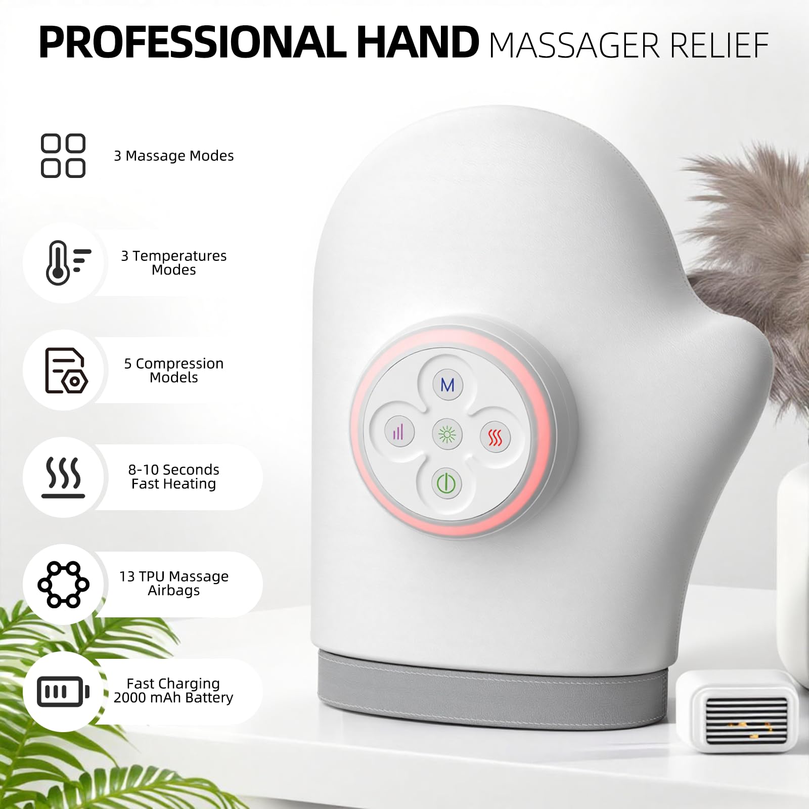 Masajeador de manos inalámbrico con calor para artritis túnel carpiano, 5 niveles, 3 modos de calentamiento, dispositivo de terapia de mano, amasamiento Shiatsu Rolling para aliviar el dolor