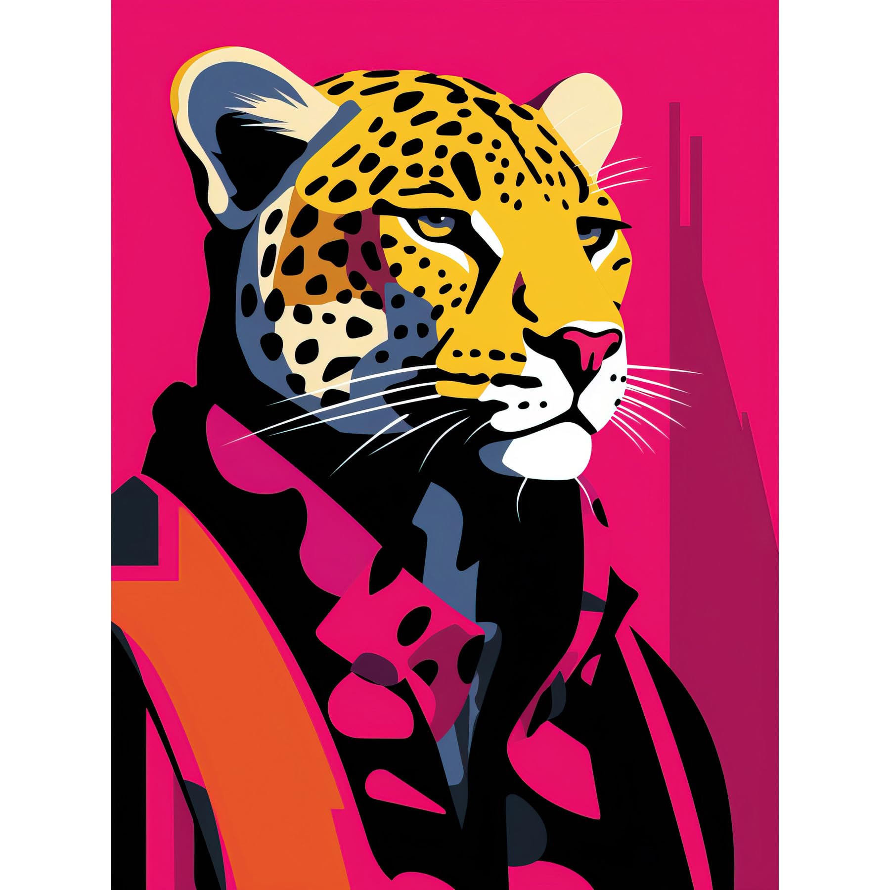 Artery8 Strong Leopard in Suit Bold Artwork Orange Pop Art Hot Pink Vibrant Portrait Extra Large XL Wall Art Poster Print