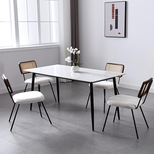 ZSARTS Sillas de comedor de ratán, sillas de cocina de ratán de acento moderno, sillas de malla sin brazos, sillas tapizadas de tela boucle con