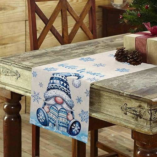 Miniatura 3 de Camino de mesa de gnomos de Navidad de 70 pulgadas de largo, algodón y lino, bufandas de arpillera, cocina, cena, cafetería, decoración de mesa para