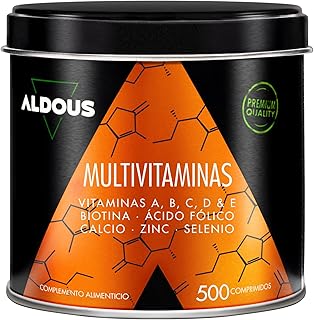 Multivitaminas Mujer y Hombre - 500 comprimidos + 1 año - Multivitaminico: Vitamina C, D, E, A, Vitaminas B, Biotina, Acido Folico, Calcio, Zinc, Selenio - Complejo Vitaminico Completo - ALDOUS