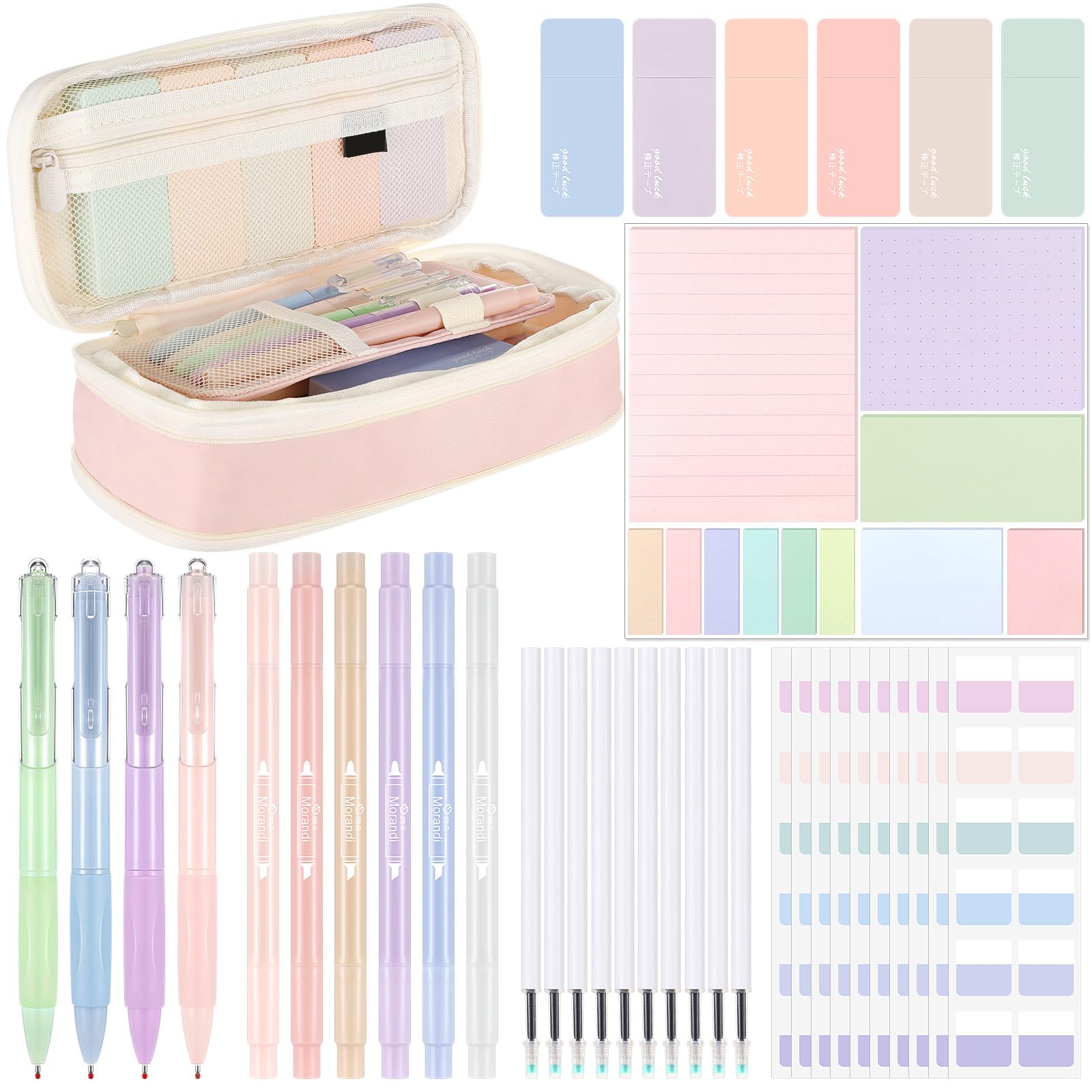 Janlaugh Aesthetic College School Supplies with Pen Case, Sticky Notes, Gel Pens, Highlighters, Correction Tapes, Back to School, Stationery Set for Girls, Students, Bible (Macaron Color, Elegant)