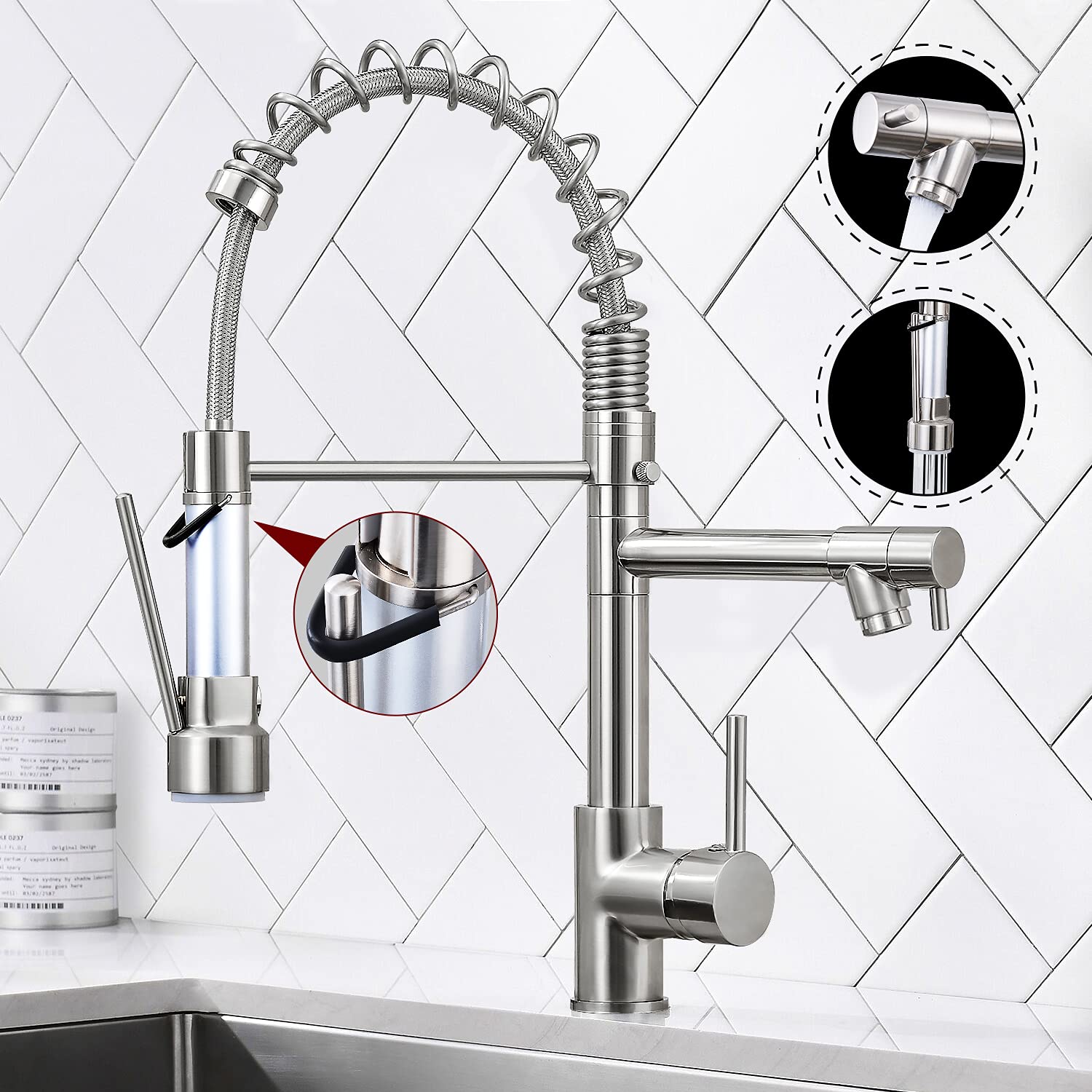 Qomolangma Contemporary Kitchen Faucet with Pull Down Sprayer, Stainless Steel Single Handle Spring Kitchen Sink Faucets with Sprayer, with Deck Plate, Brushed Nickel