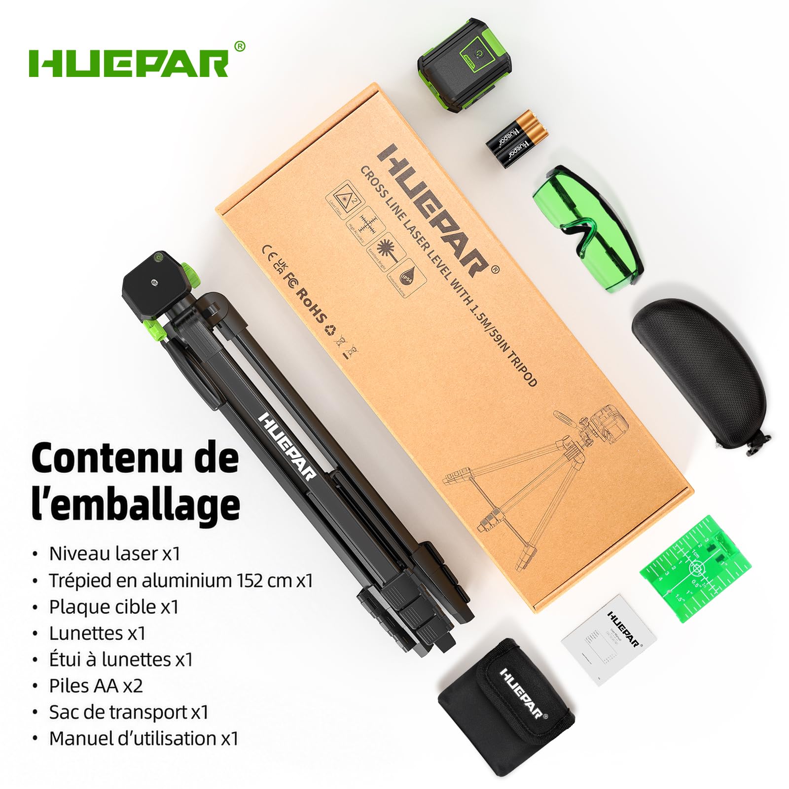 Niveau Laser Auto-nivelant avec 152cm Trépied, Huepar 30M Vert Croisée Laser à Ligne pour Accrochage de Tableaux, Rénovation de Maison, Projet d'Intérieur, Batterie et Sac de Transport
