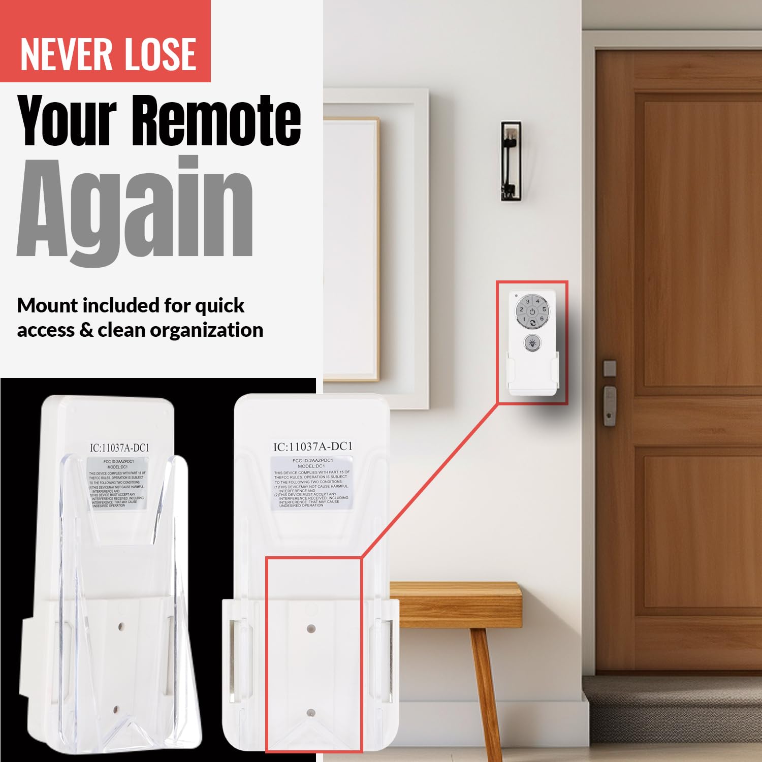 Anderic DC1 remote control shown in its wall mount bracket, attached to a wall.