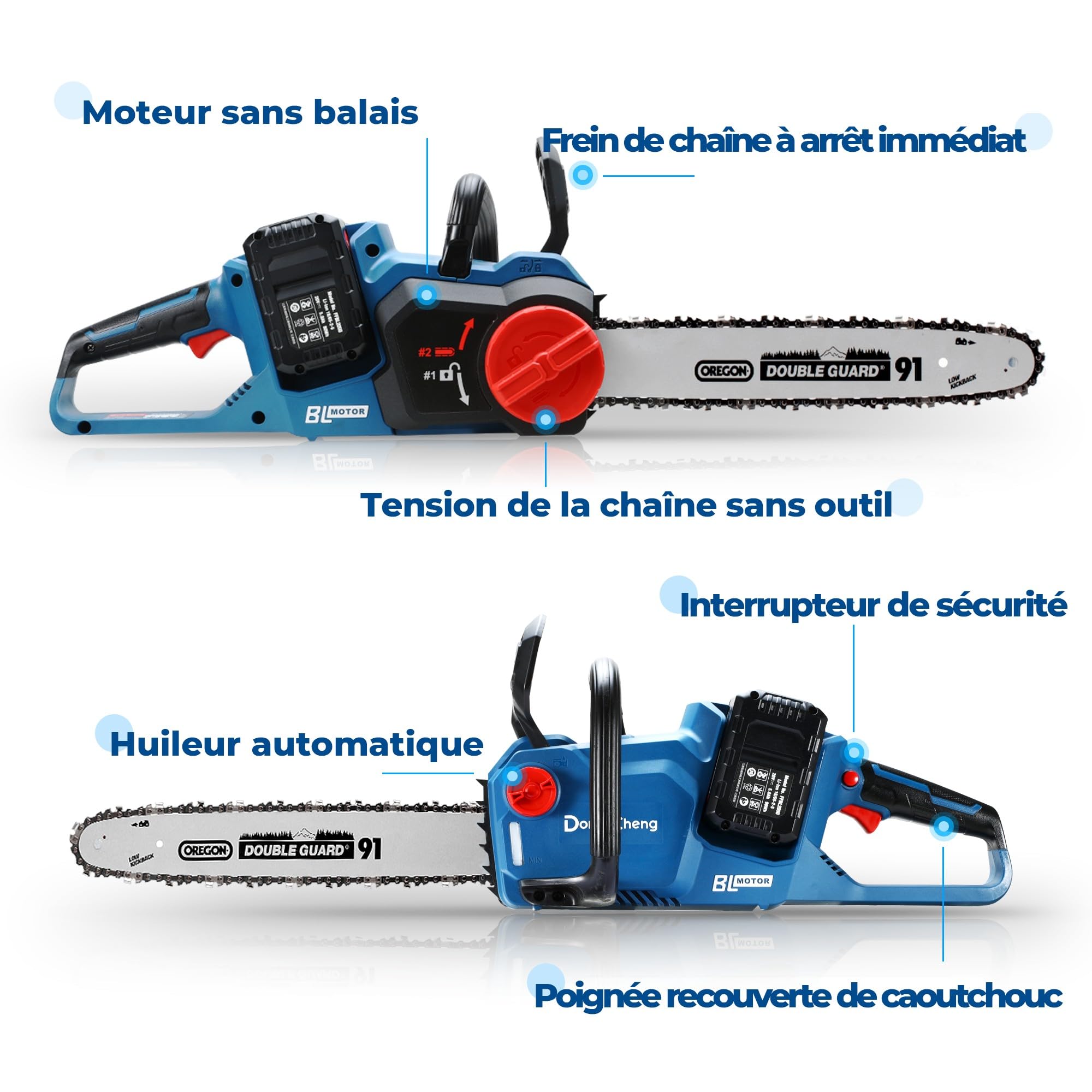 Dong Cheng Tronçonneuse sans fil 40V, Tronçonneuse à Batterie 38 cm de longueur de coupe, Moteur sans balais 14 m/s vitesse de coupe, fournie avec 2 batteries 4,0 Ah et Chargeur
