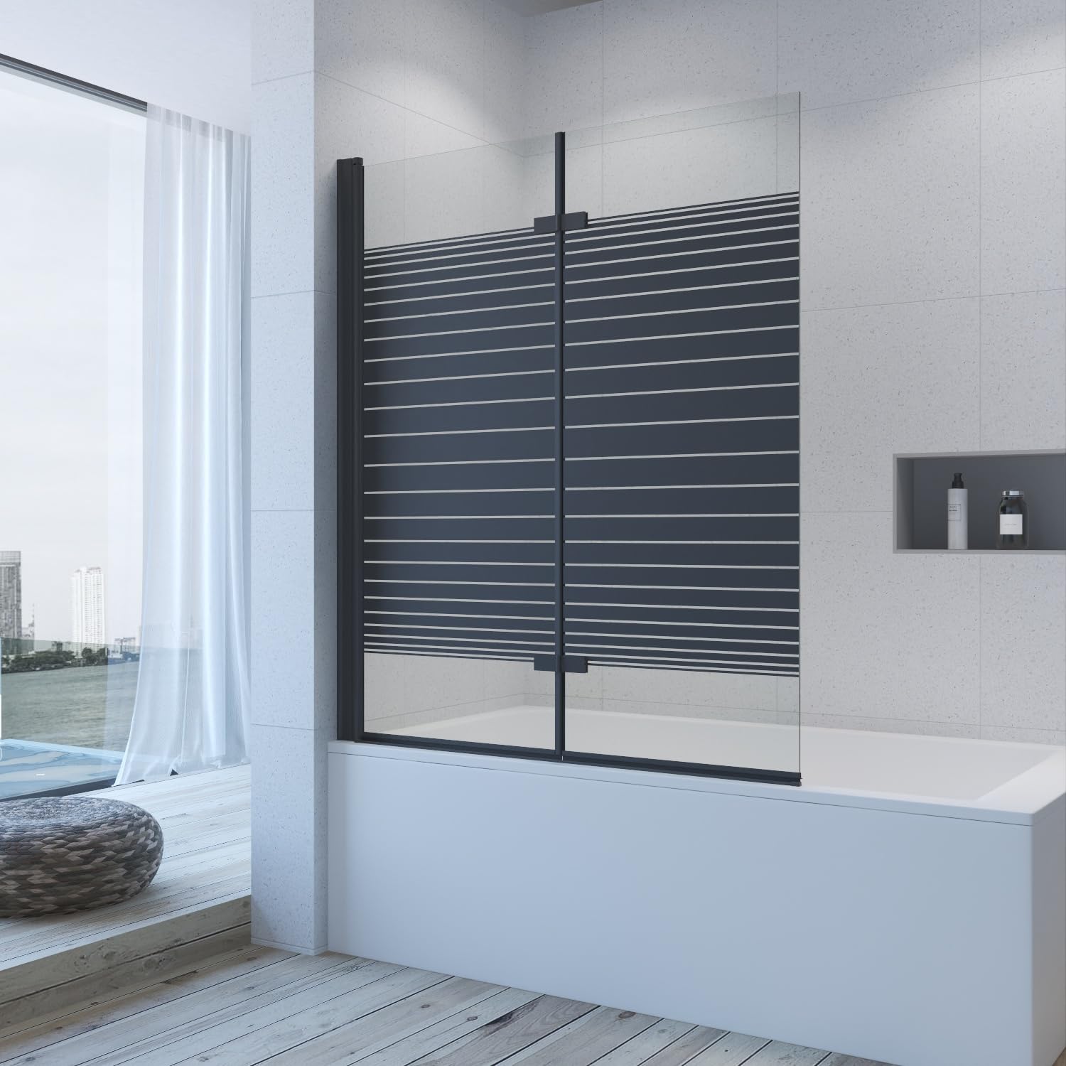 AQUABATOS paravento per vasca da bagno senza foratura nero opaco 120 x 140 cm parete doccia in vetro di sicurezza 5 mm, fissaggio per vasca pieghevole con rivestimento NANO