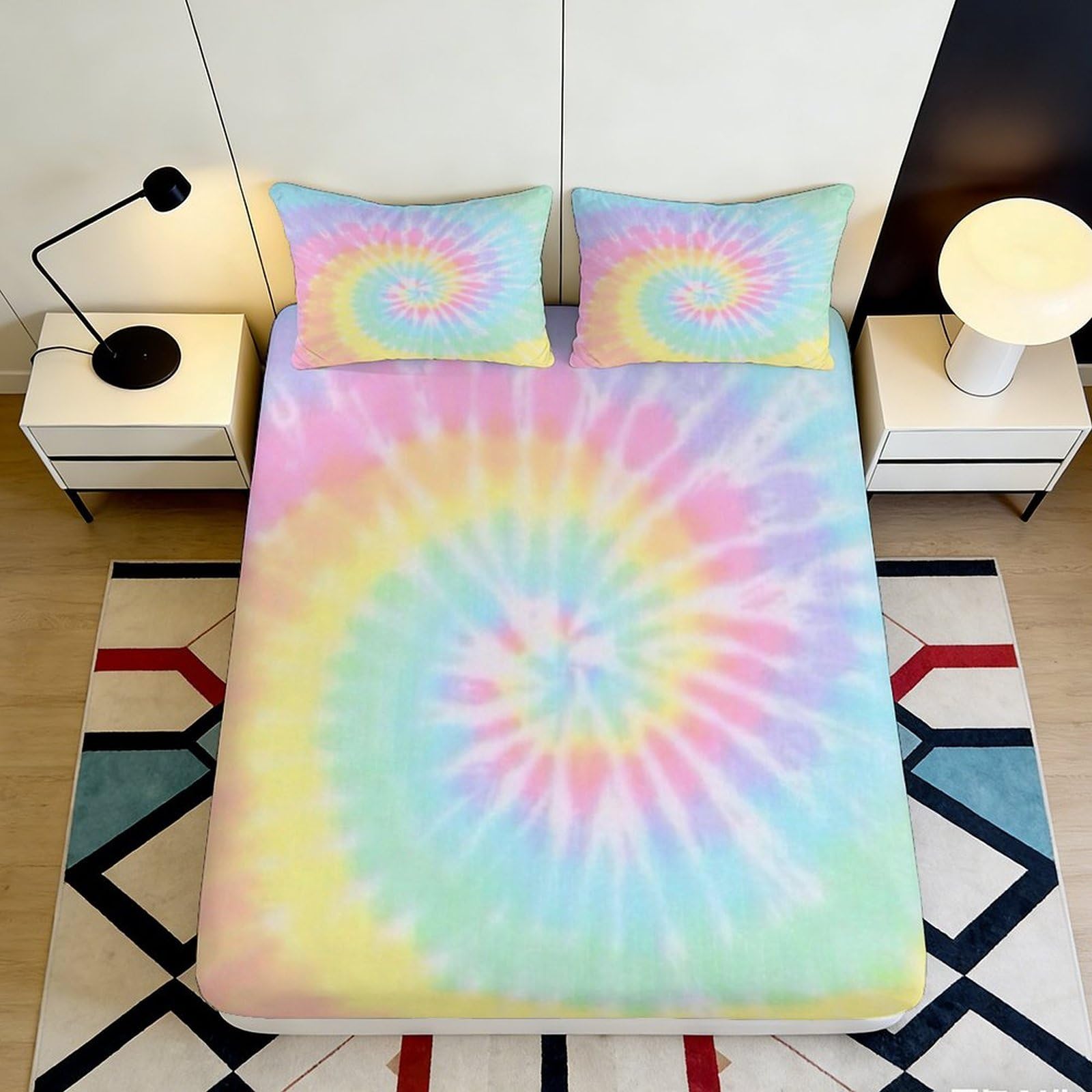 3D Printed Pastel Tie Dye Fitted Sheet Microfiber Soft Touch Swirl Pattern Mattress Cover for Bedroom Guest Room Dorm Decor 90x200x25cm