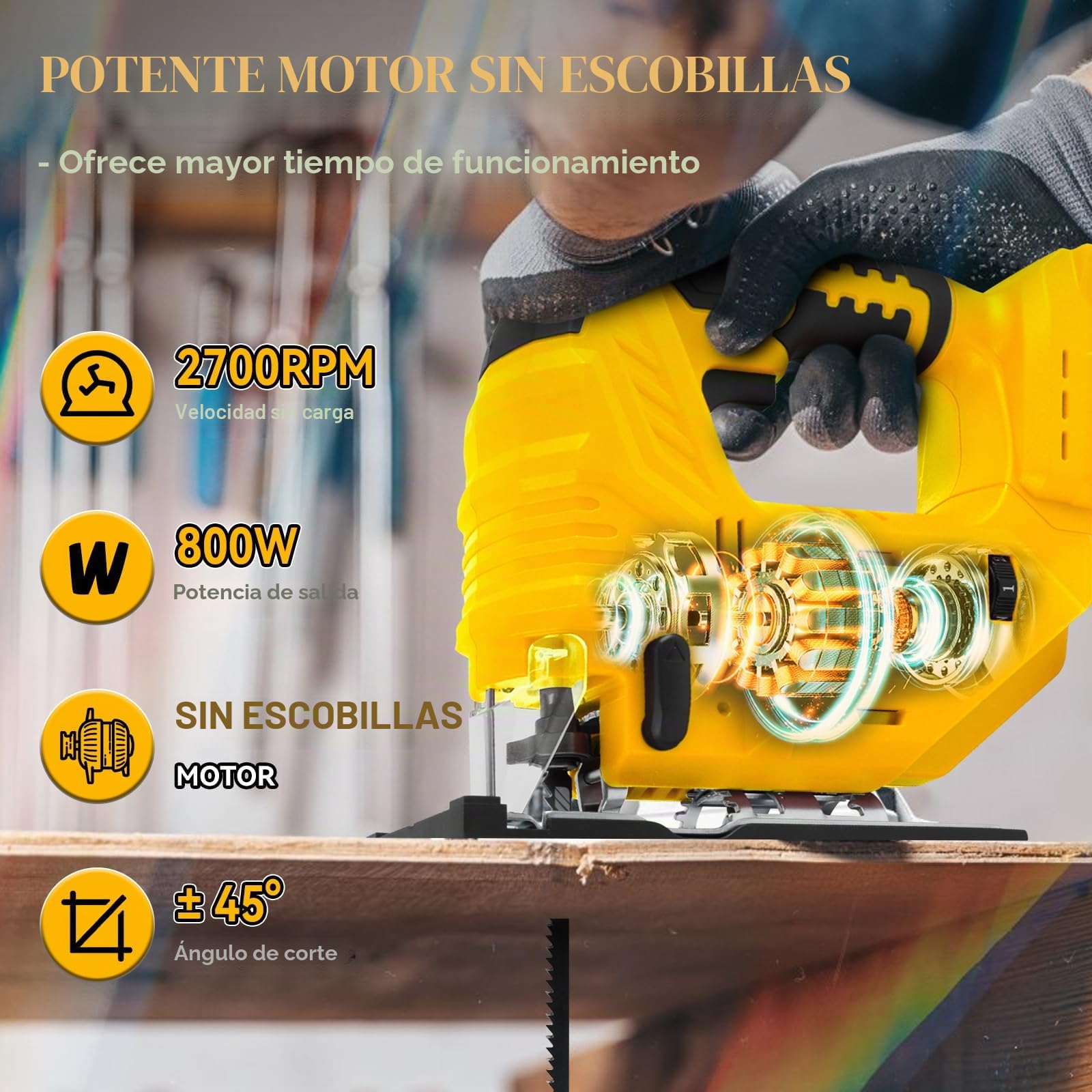 Sierra de calar eléctrica Compatible con Dewalt 18 V 20 V 800 W sin escobillas con luz LED, 5 velocidades variables, ángulo de corte de inglete ±45°, 6 piezas