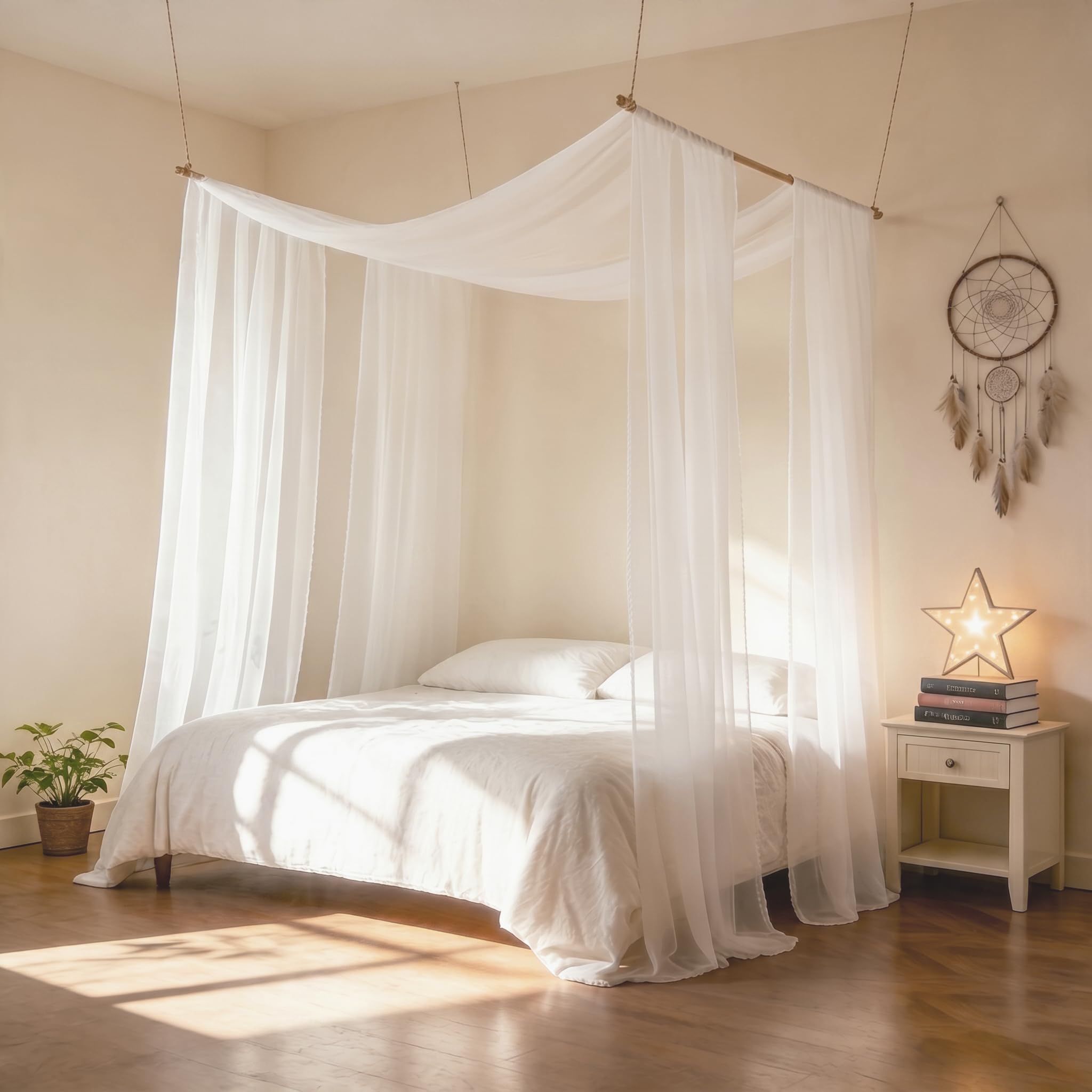 Photo 1 of 2 Panel White Canopy Bed Curtains for Queen/King Bed Frame 39.4" W x 236" L