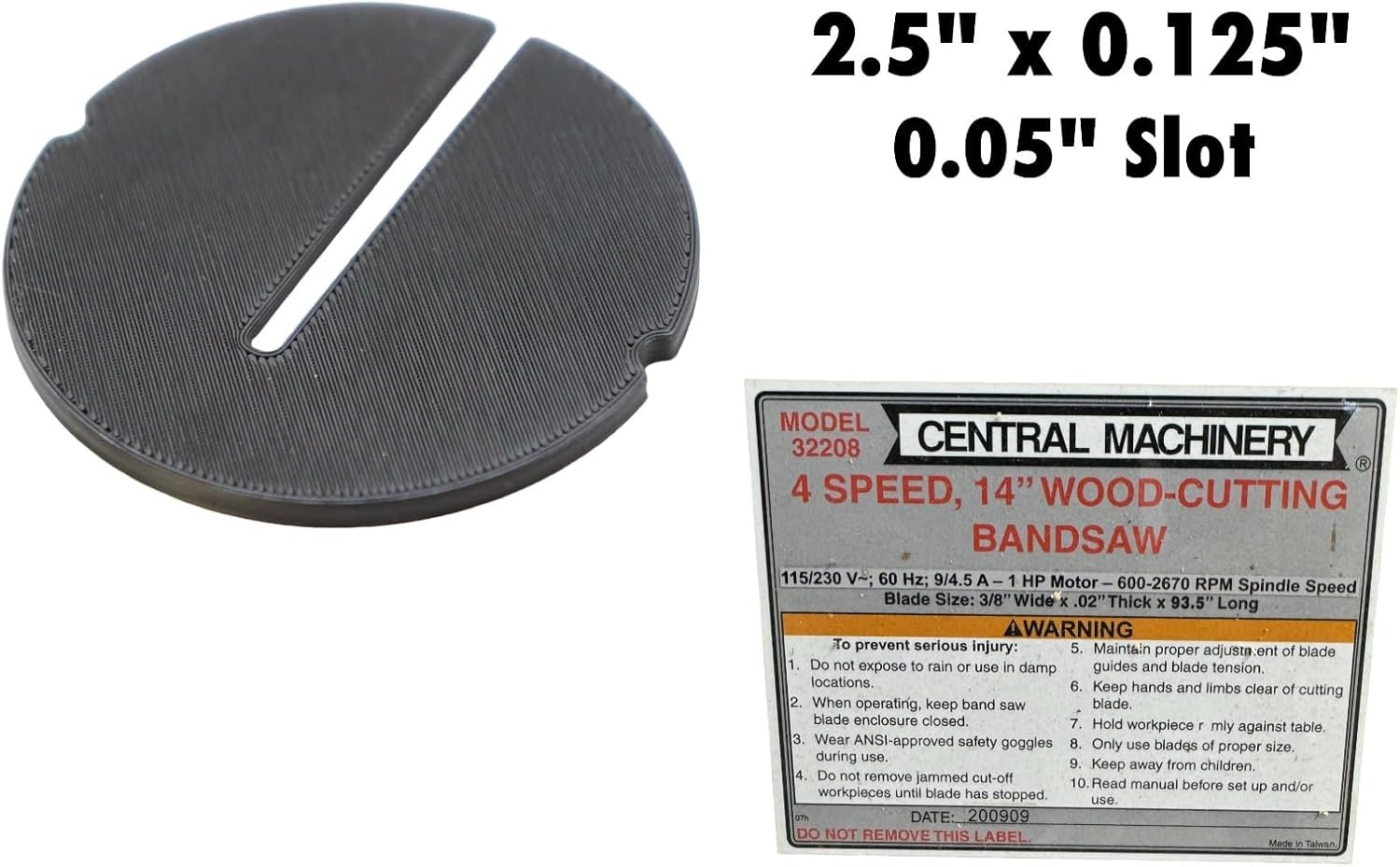 Bandsaw Table Insert Plate for Central Machinery 4 Speed 14" Bandsaw 32208 2.5"