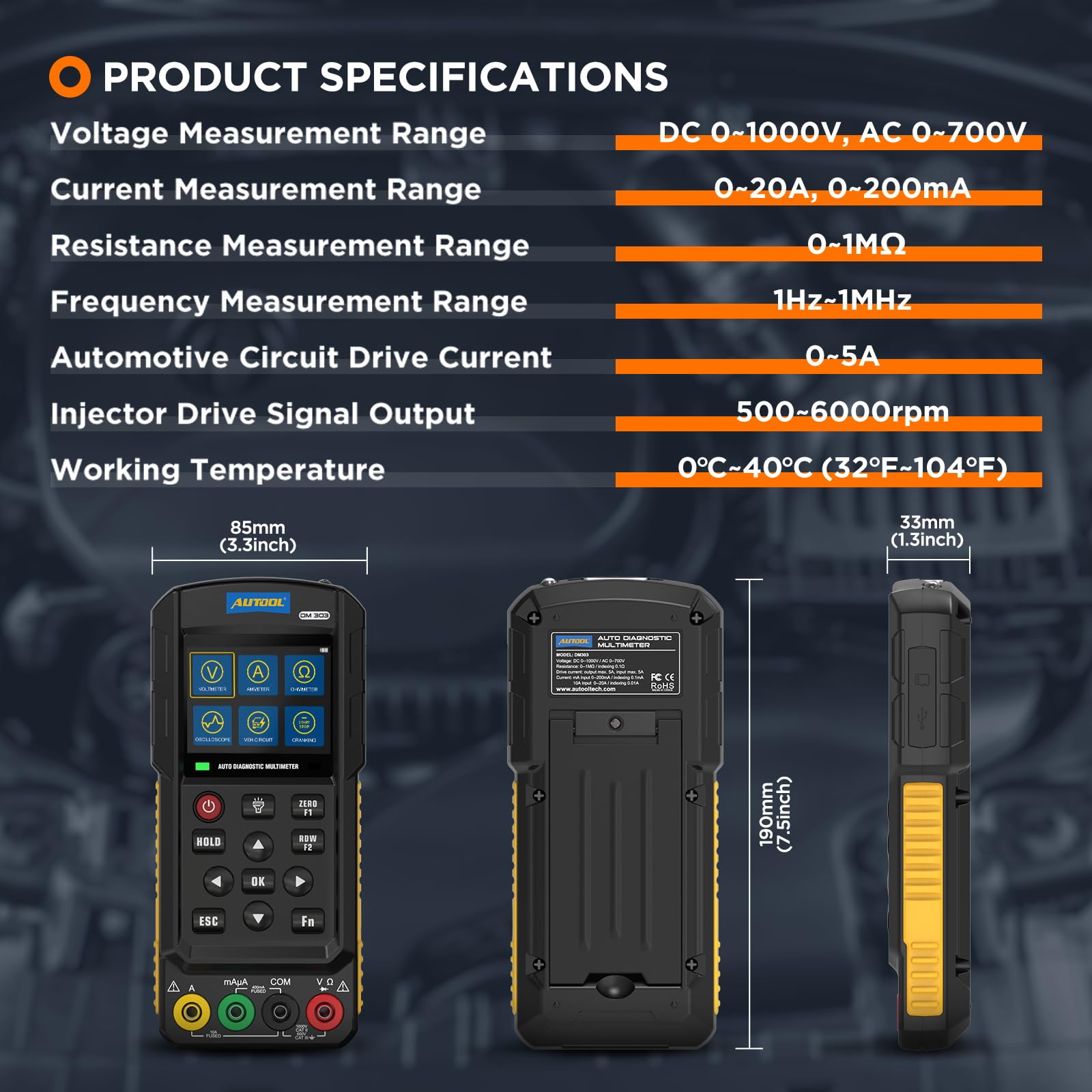 AUTOOL Automotive Multímetro osciloscopio de rango automático TRMS, osciloscopio digital AC/DC y multímetro 1000 V 20 A, dispositivo de diagnóstico automotriz para detección ECU, línea K y señal de