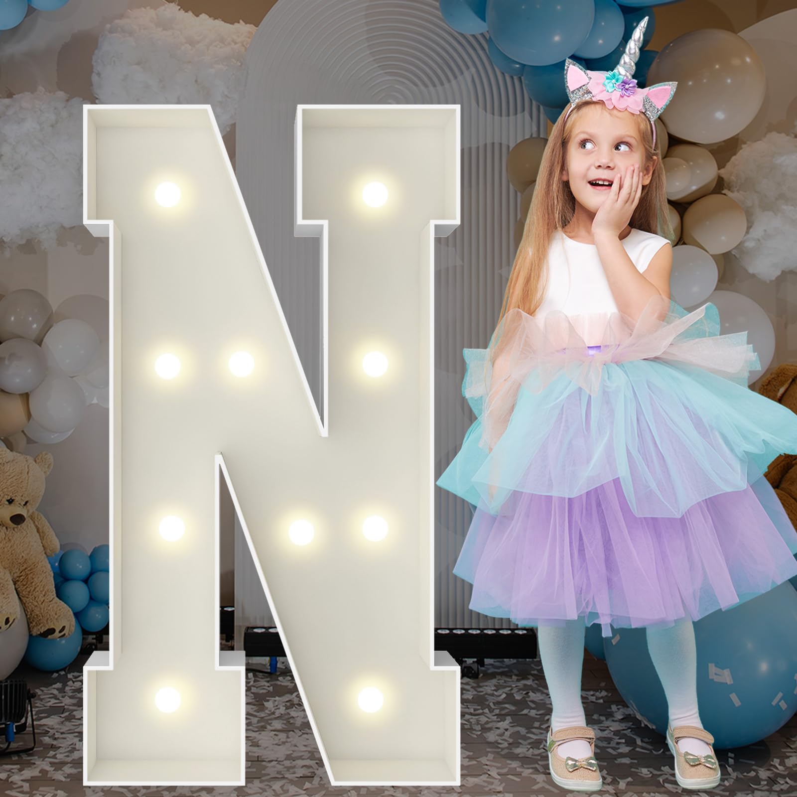 3FT Marquee Light Up Letters, Large Marquee Letters, Pre-cut Foam Board Letter N for Engagement Wedding Decorations Birthday Party Backdrop Decor, Balloon Arch Kit