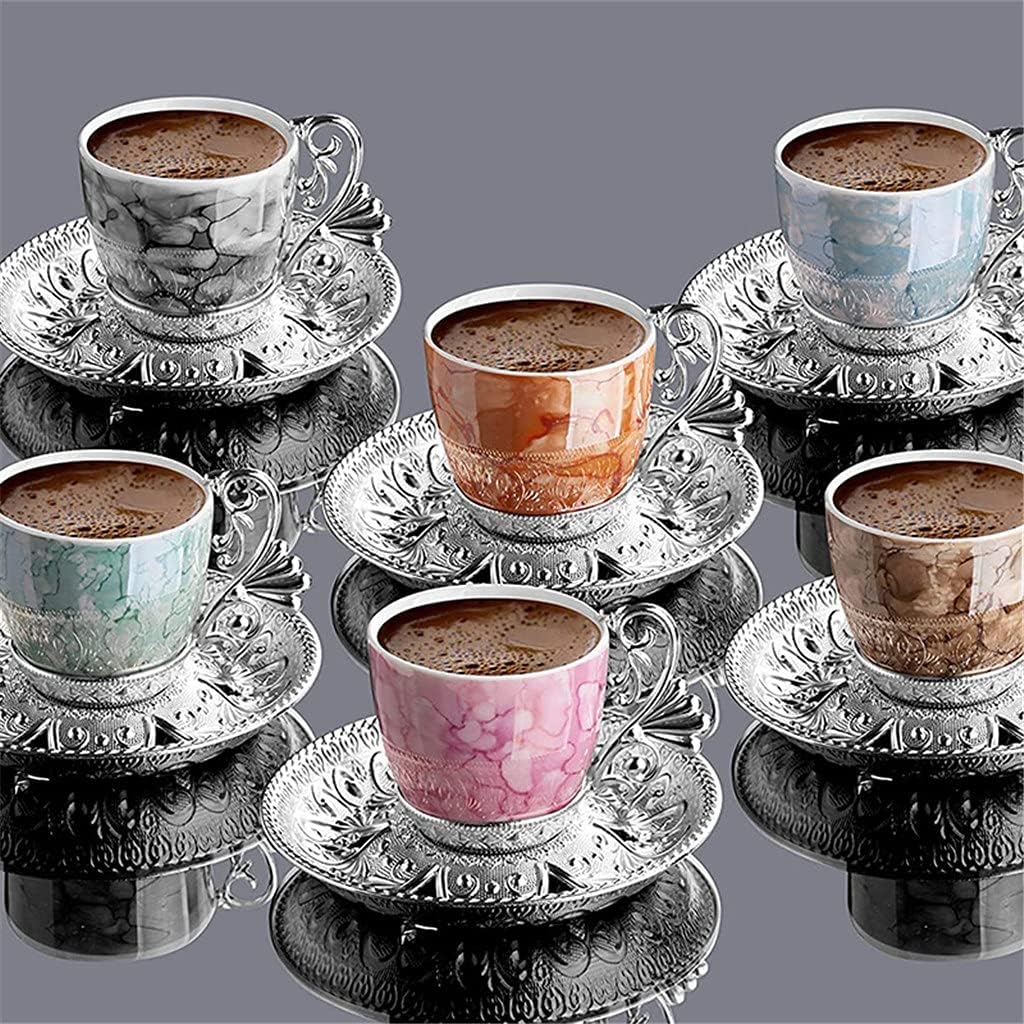 Coffee Cup Saucers Set for 6 Person 4 OZ Greek Coffee Espresso Women Men Gift Housewarming Wedding (Color : Gold) (Silver)